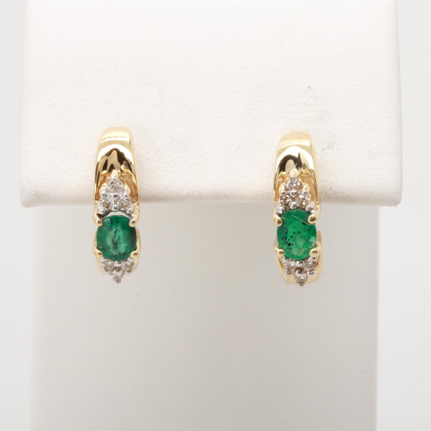 10K Yellow Gold Emerald and Diamond Half Hoop Earrings