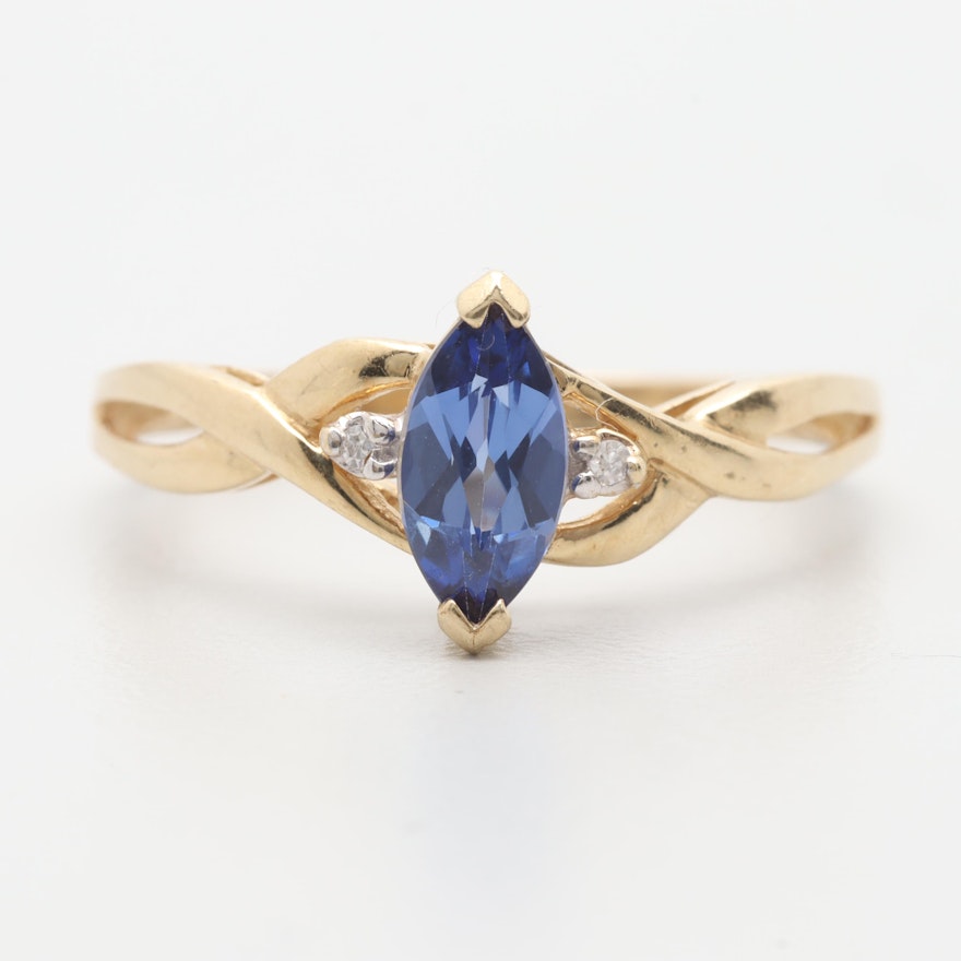 10K Yellow Gold Synthetic Sapphire and Diamond Ring