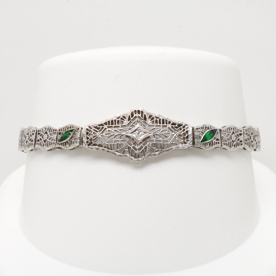 Circa 1930s 14K White Gold Diamond and Glass Filigree Bracelet