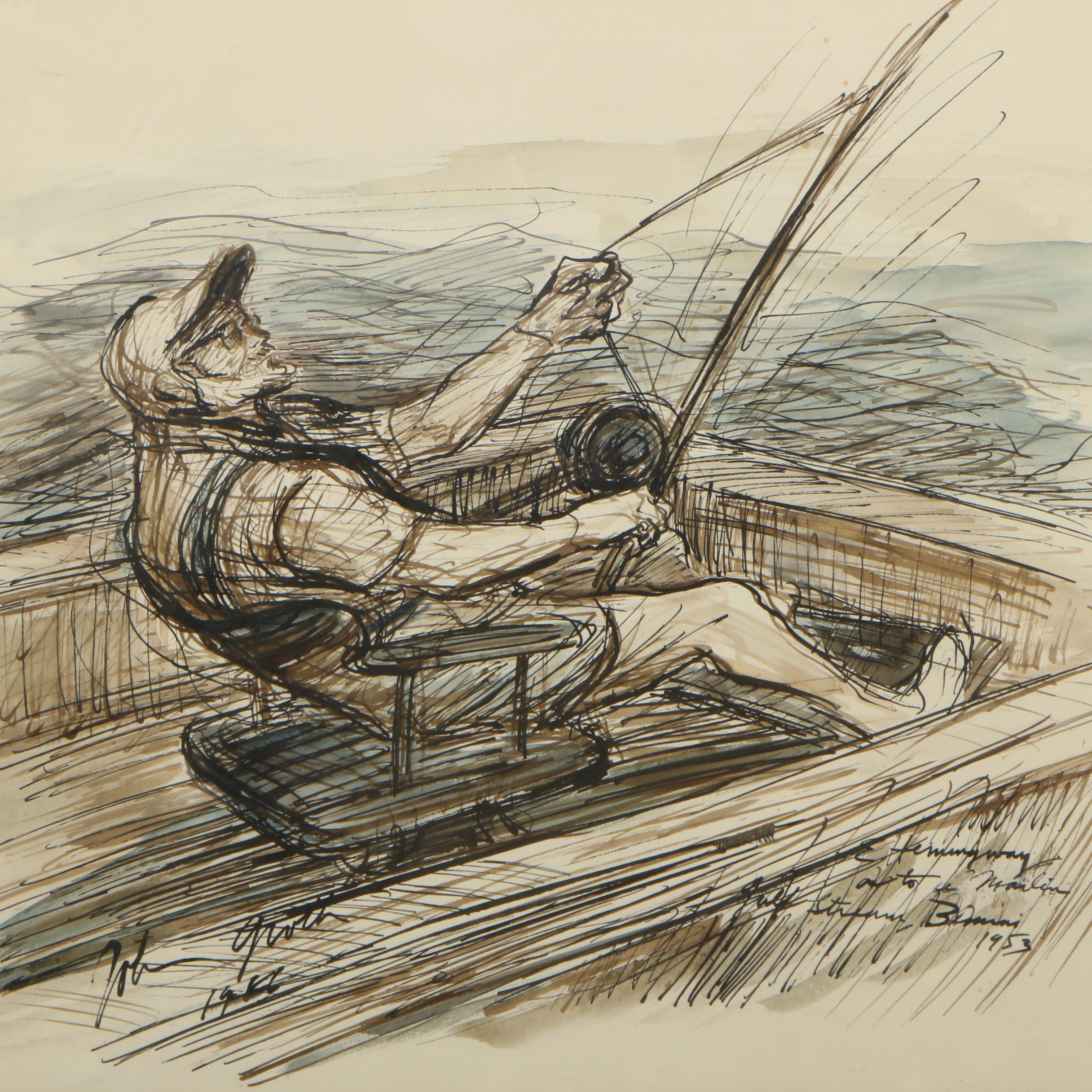 John Groth Ink Drawing "E. Hemingway onto a Marlin. Gulf Stream, Bimini 1953"