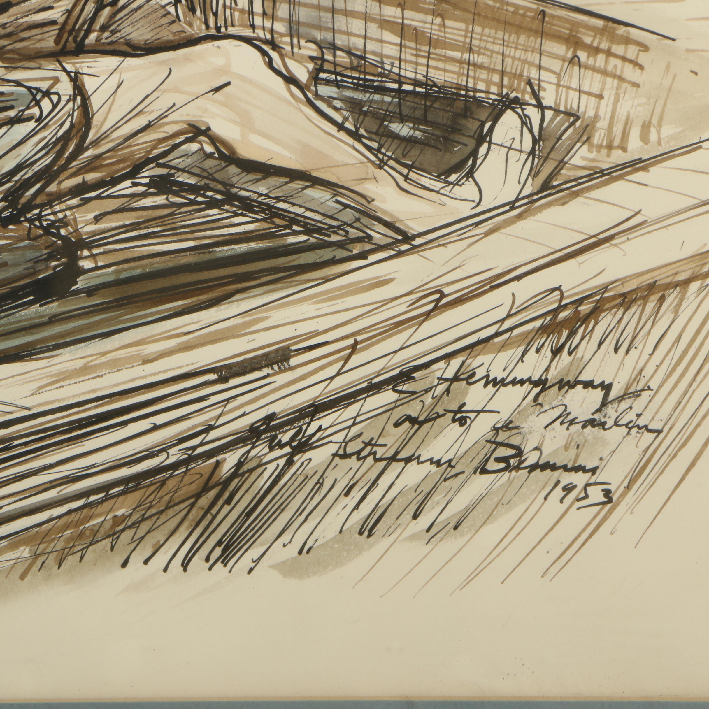 John Groth Ink Drawing "E. Hemingway onto a Marlin. Gulf Stream, Bimini 1953"