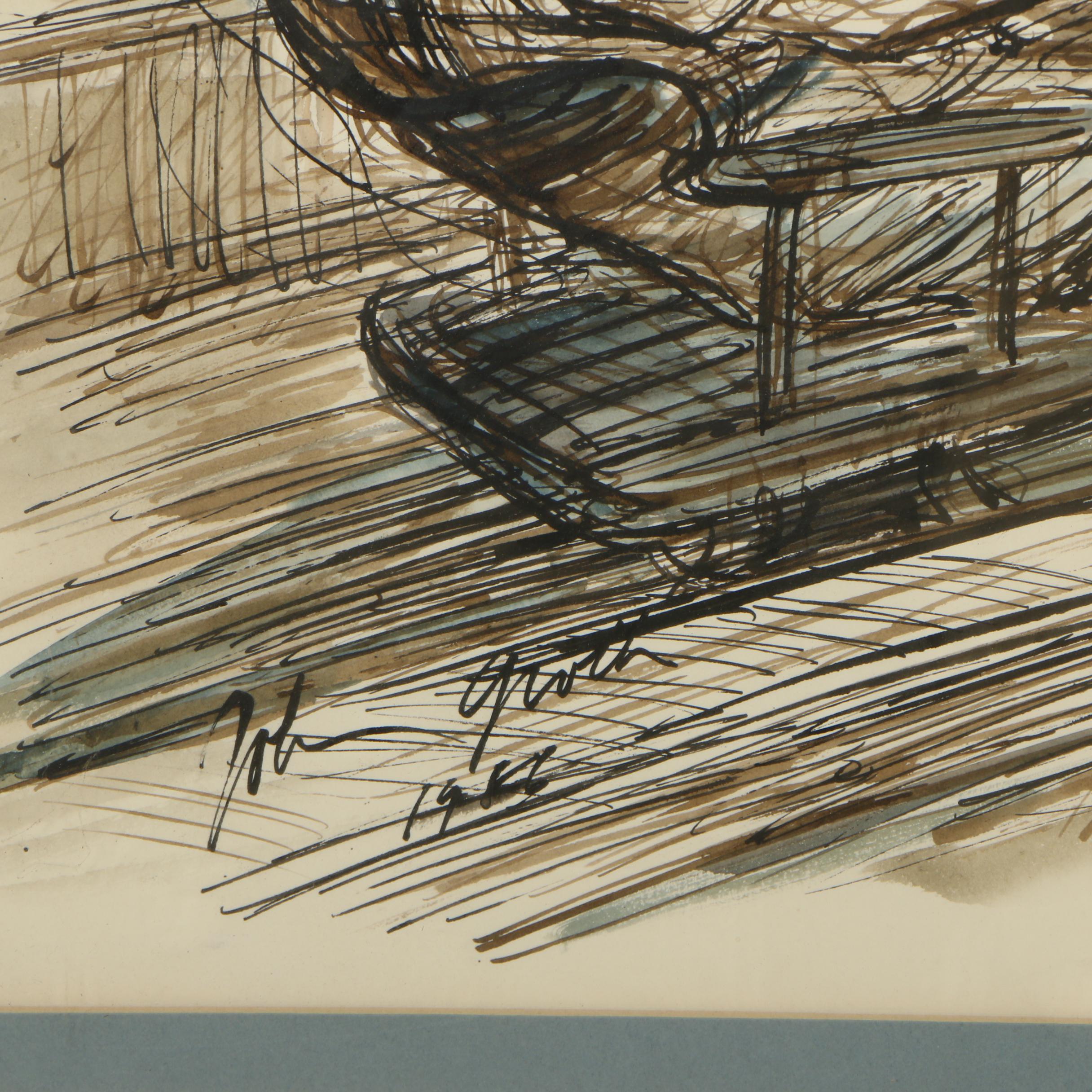 John Groth Ink Drawing "E. Hemingway onto a Marlin. Gulf Stream, Bimini 1953"