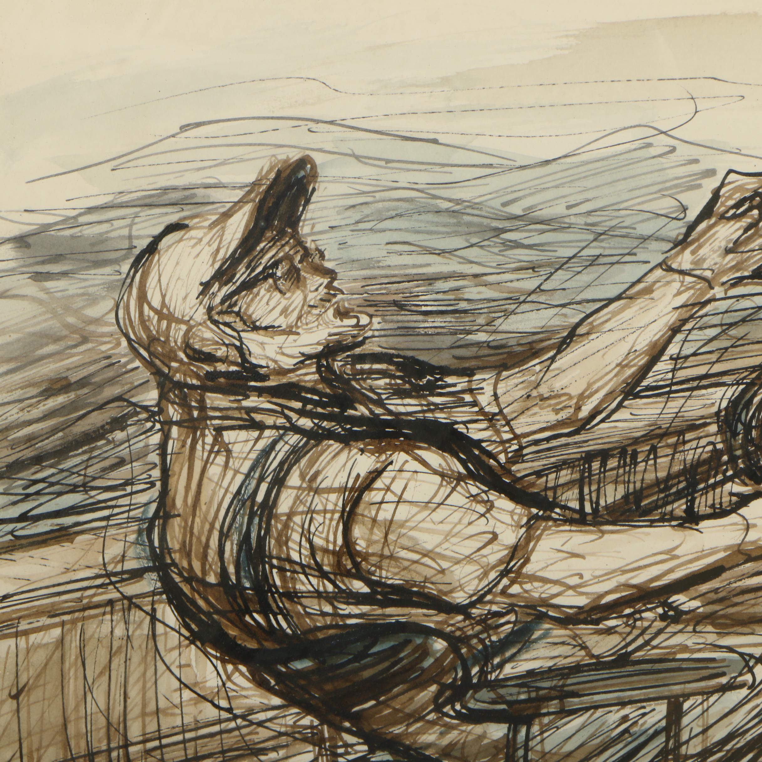 John Groth Ink Drawing "E. Hemingway onto a Marlin. Gulf Stream, Bimini 1953"