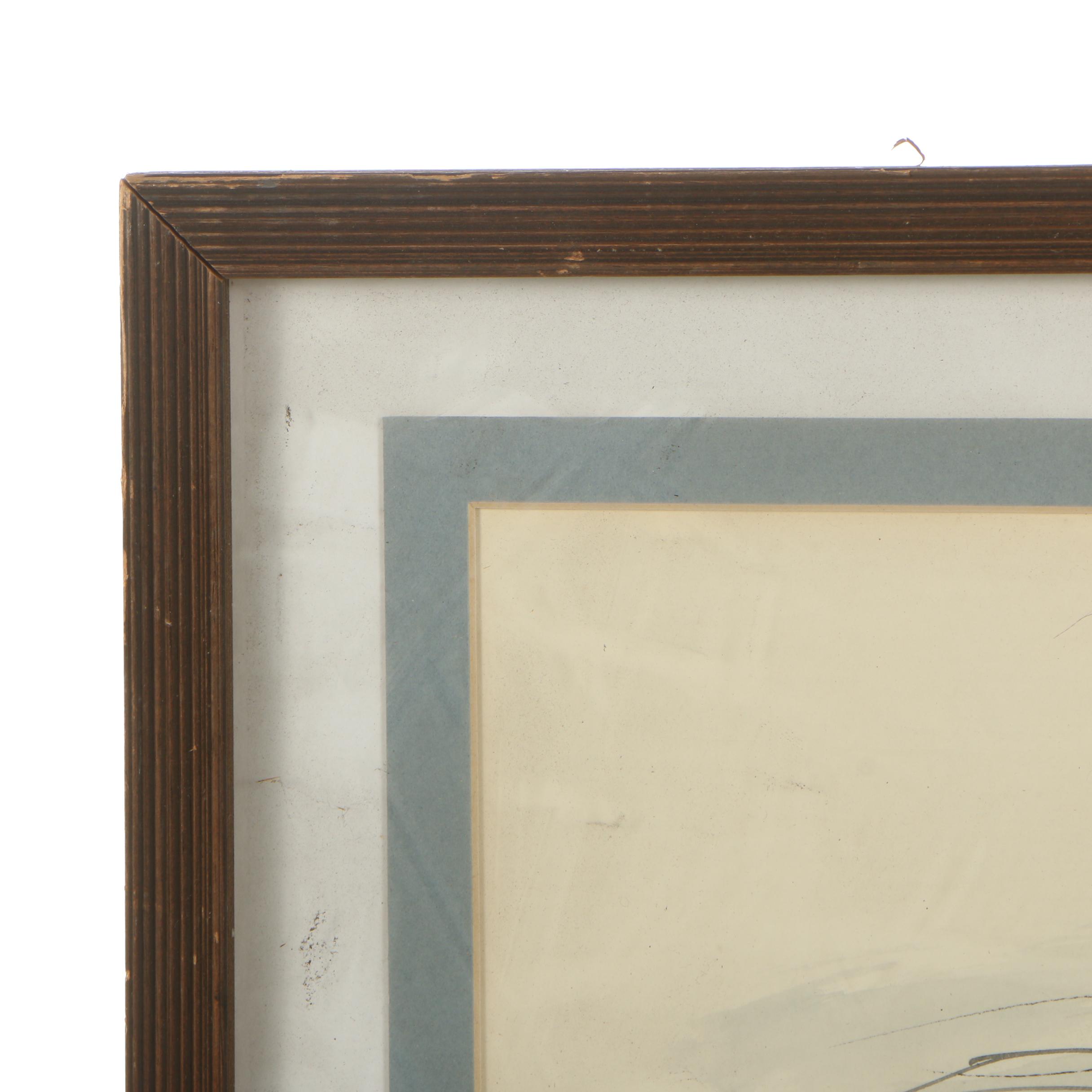 John Groth Ink Drawing "E. Hemingway onto a Marlin. Gulf Stream, Bimini 1953"