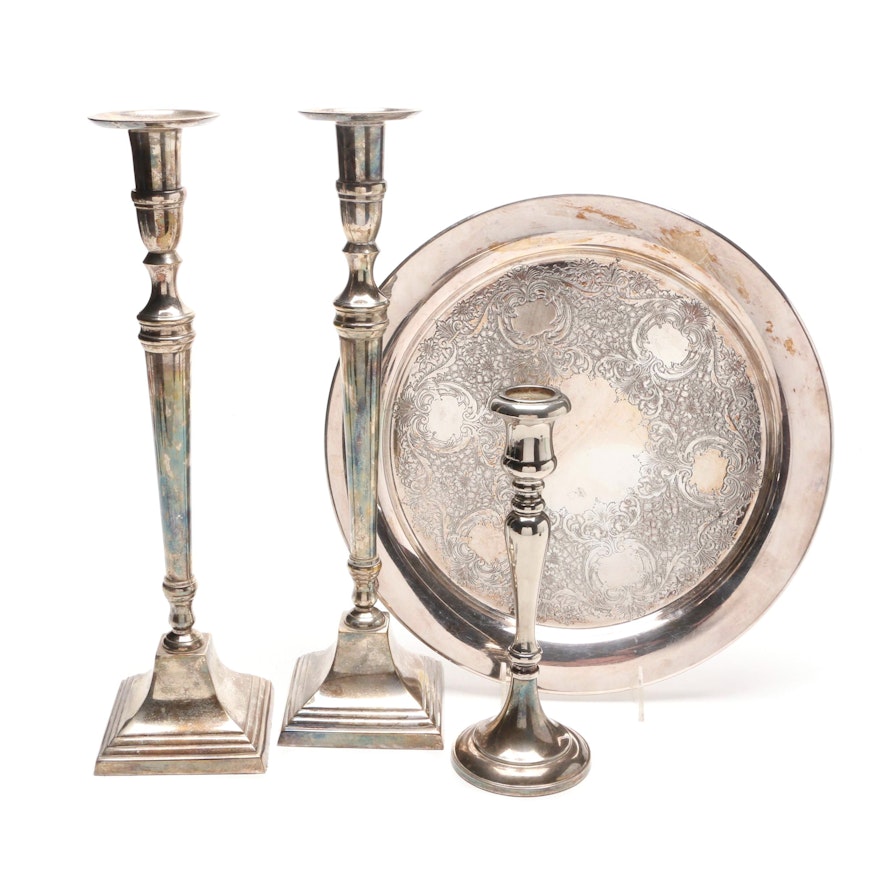 Bombay Silver Plate Candle Holders and Etched Floral Serving Tray