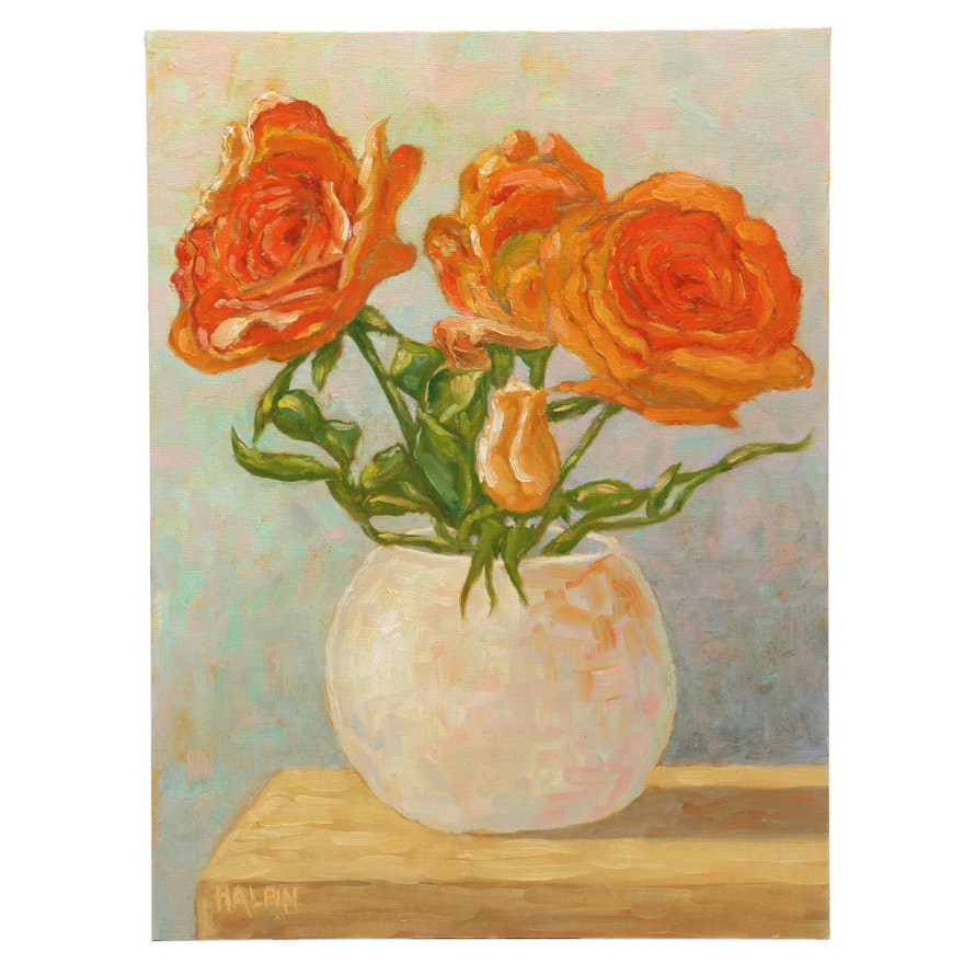 Tim Halpin Oil Painting "Roses in a White Vase"