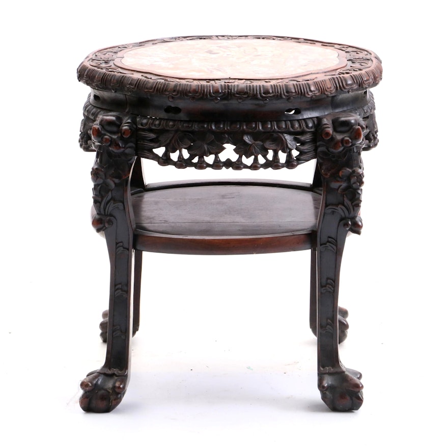 Chinese Carved Rosewood and Marble Top Accent Table, Early/Mid 20th Century