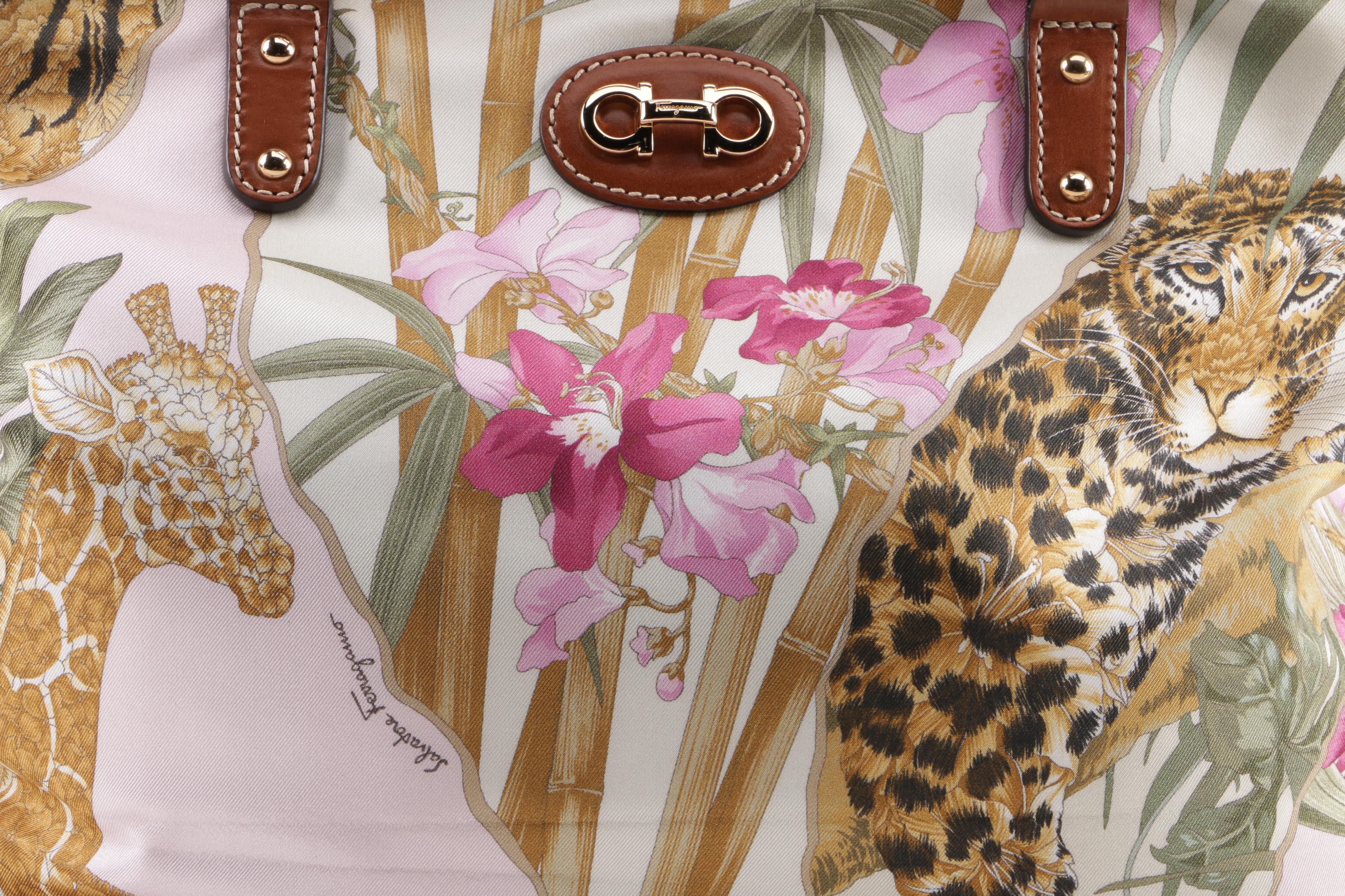 Salvatore Ferragamo Animal and Floral Print Nylon Tote