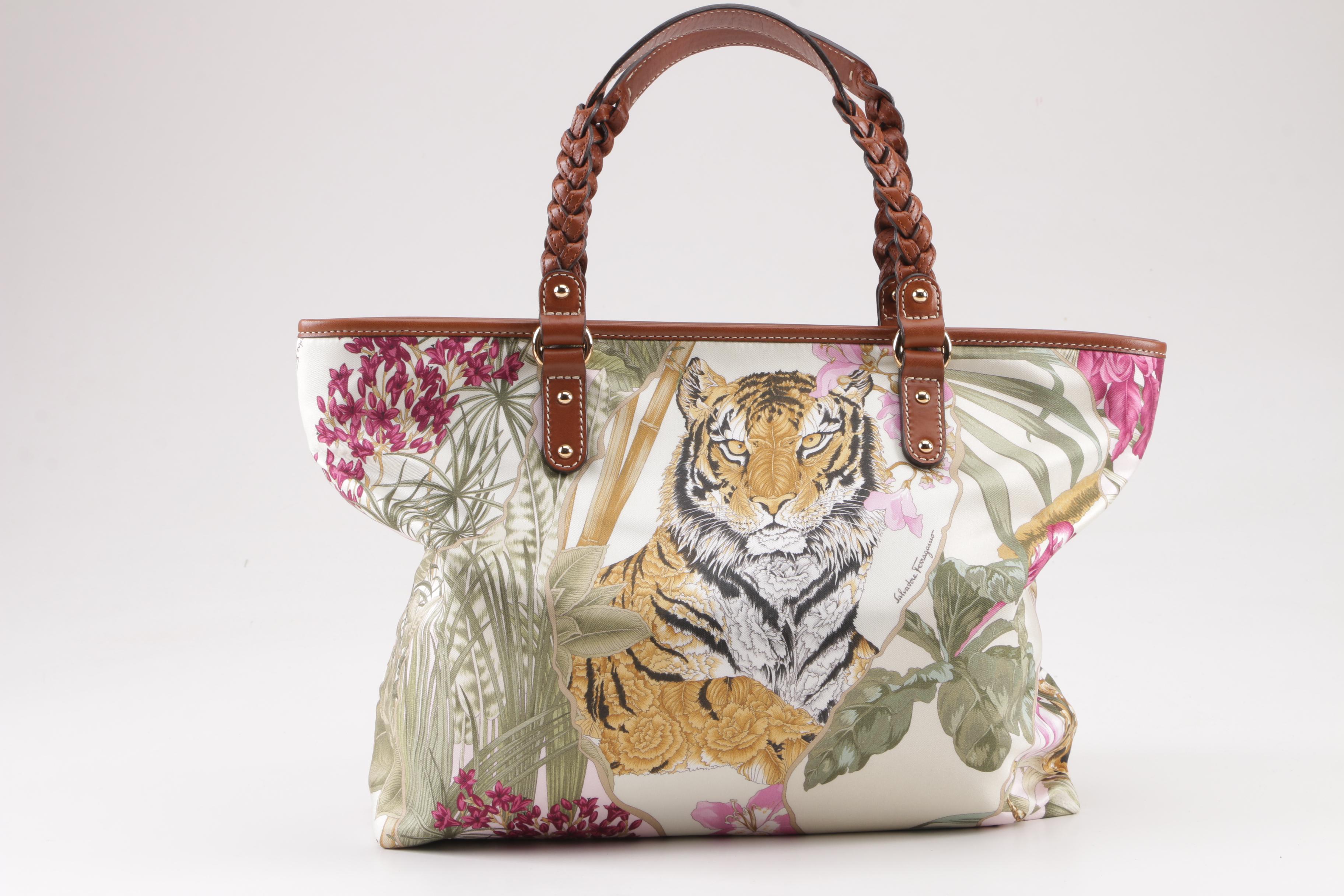 Salvatore Ferragamo Animal and Floral Print Nylon Tote