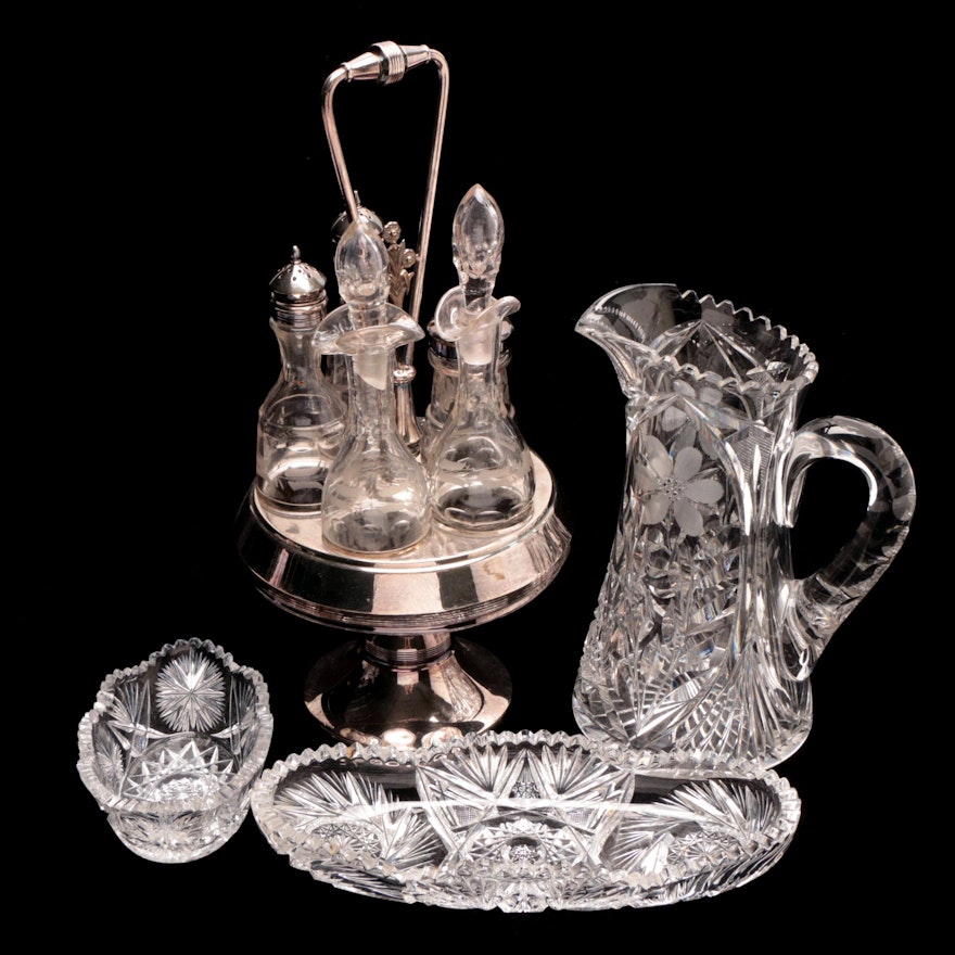 Circa Early 20th Century Crystal Serveware and Silver Plate Cruet Set