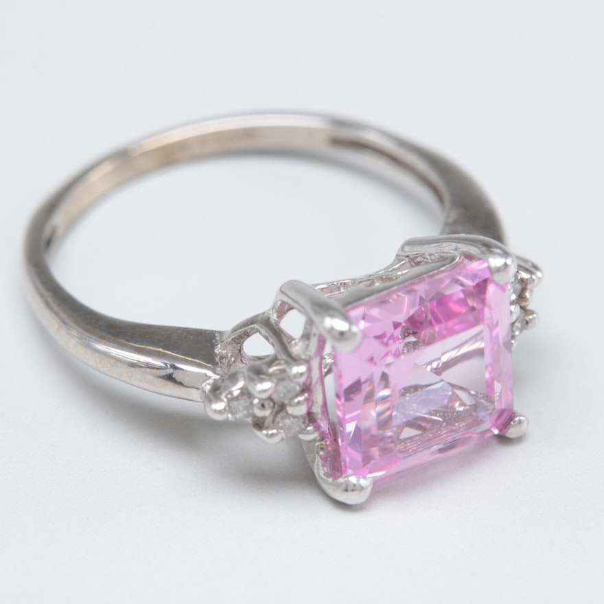 10K White Gold Synthetic Pink Sapphire and Diamond Ring