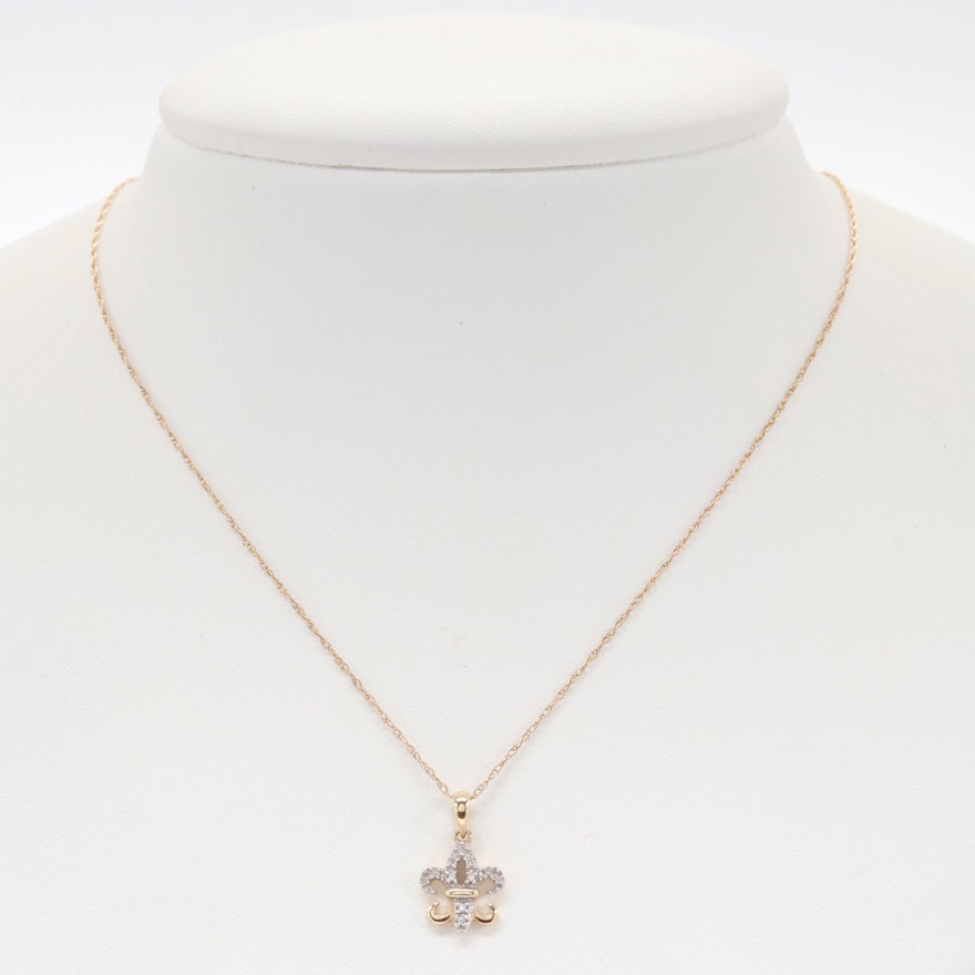14K Yellow Gold Diamond Fleur De Lis Pendant Necklace