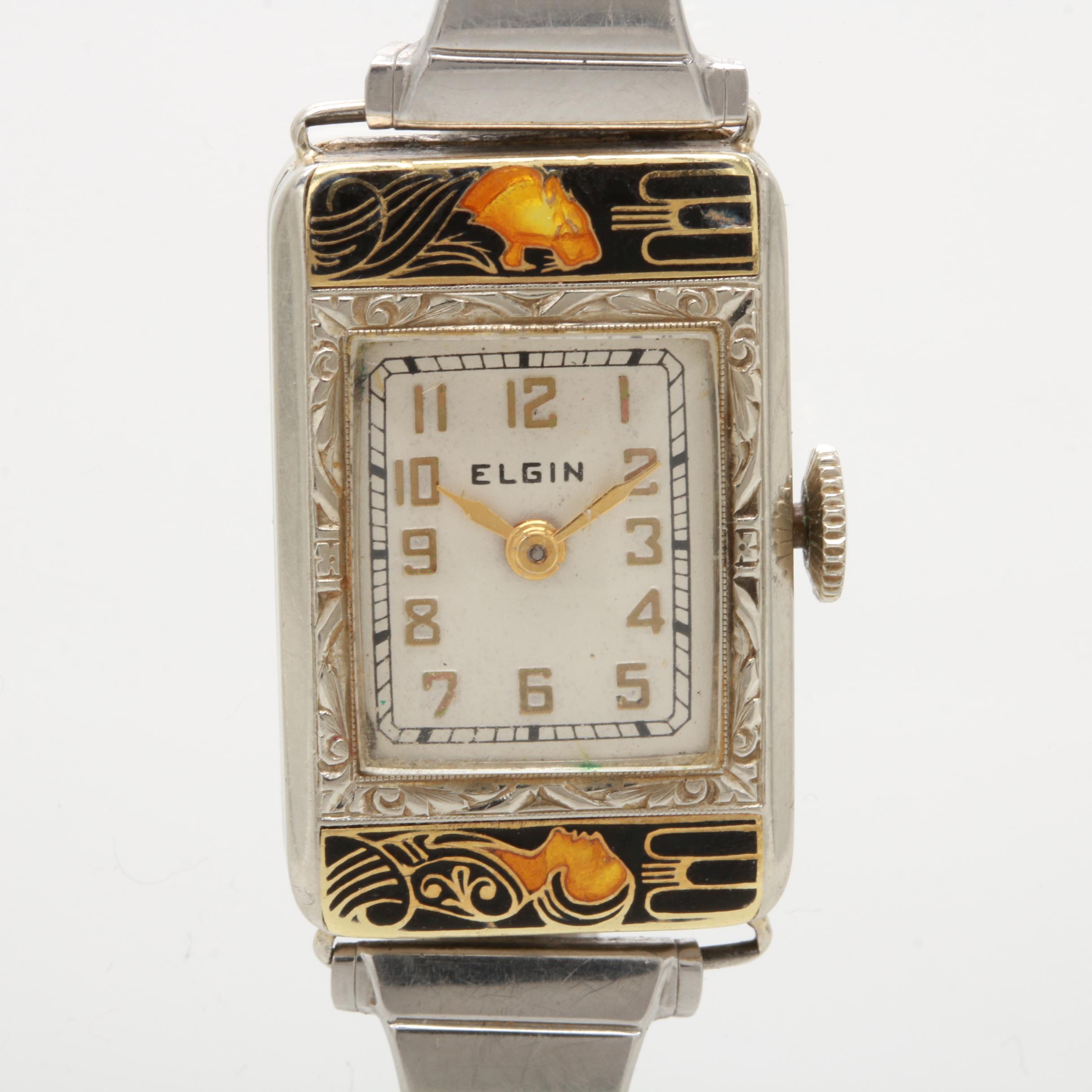 Circa 1925 Elgin "Lady & Tiger" 14K White Gold and Enamel Watch