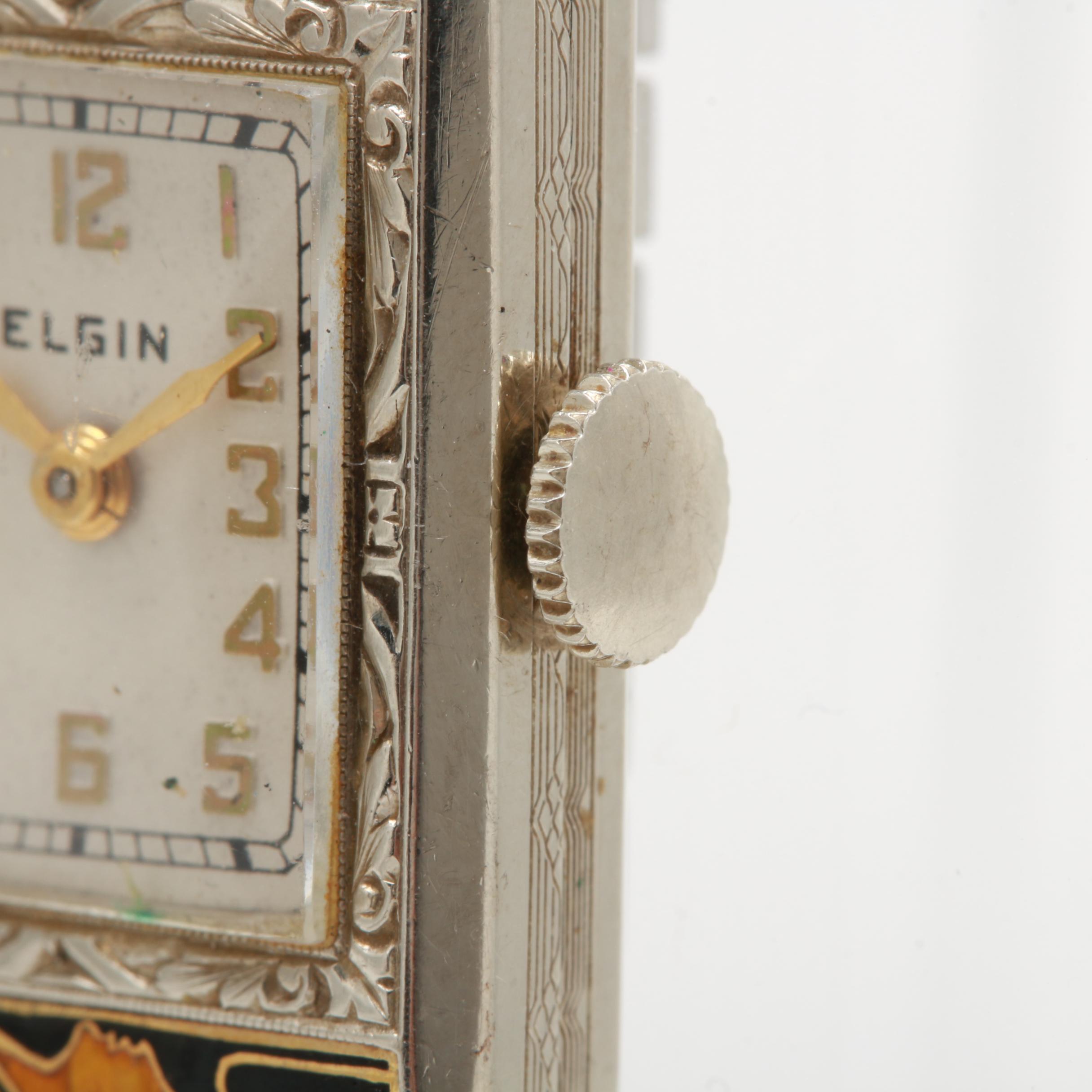 Circa 1925 Elgin "Lady & Tiger" 14K White Gold and Enamel Watch