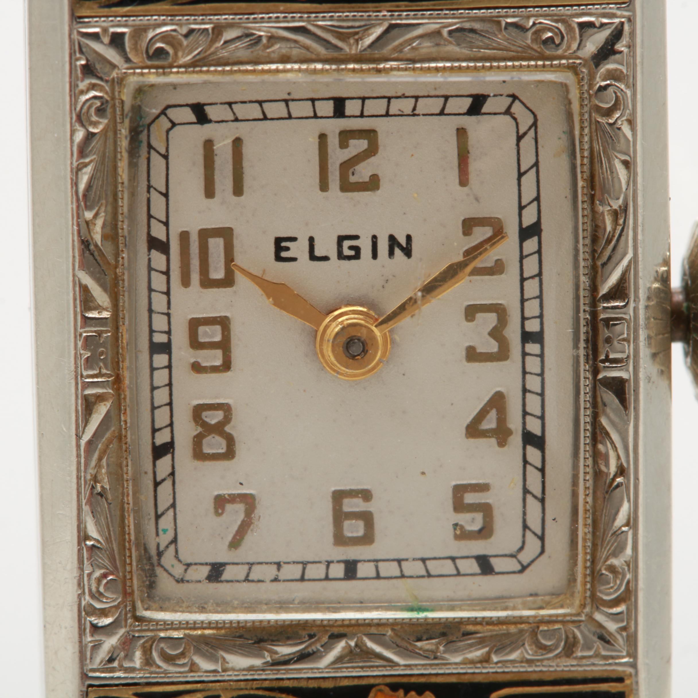 Circa 1925 Elgin "Lady & Tiger" 14K White Gold and Enamel Watch