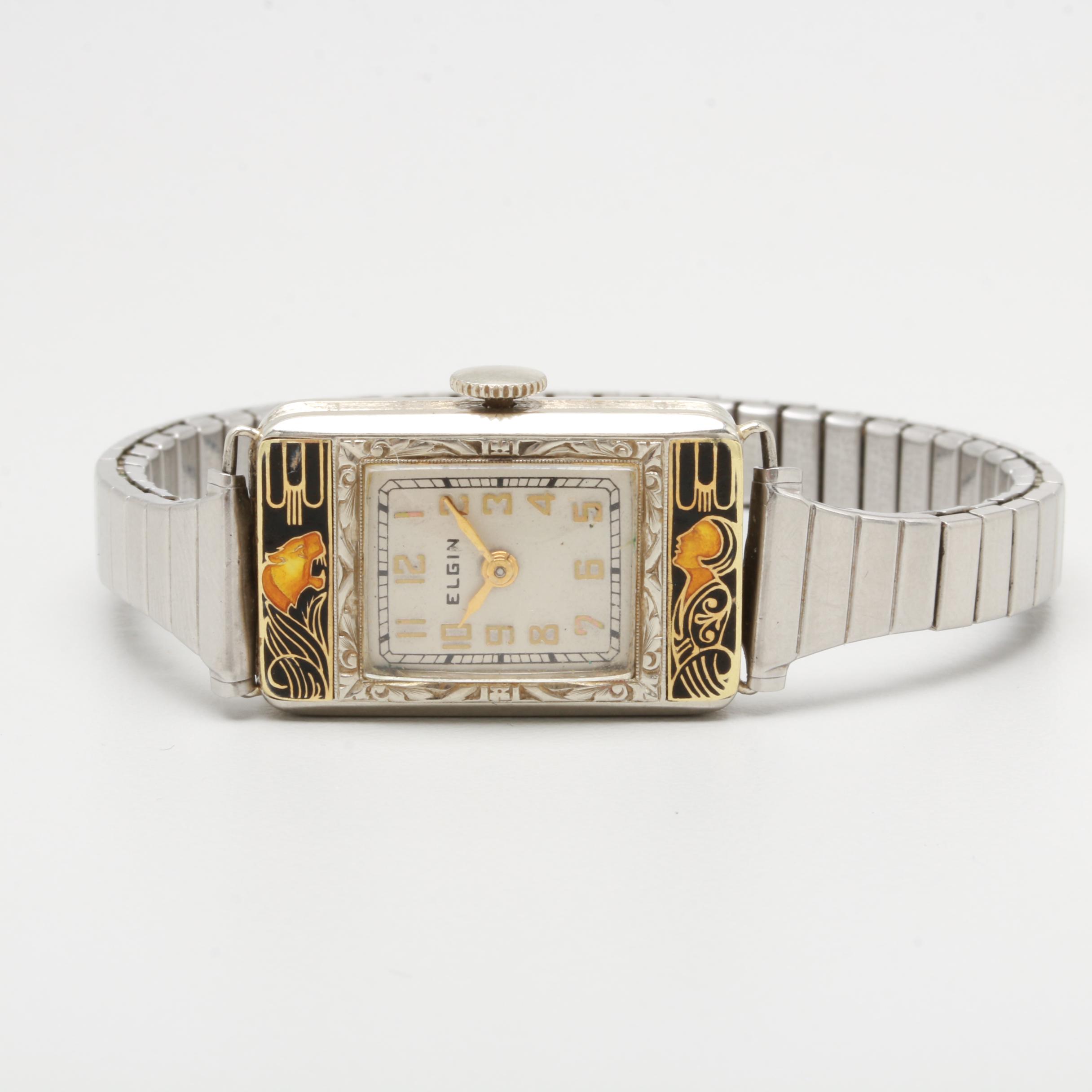 Circa 1925 Elgin "Lady & Tiger" 14K White Gold and Enamel Watch