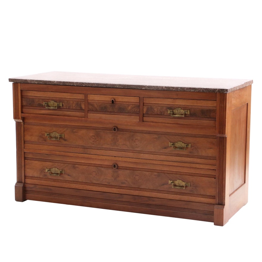 Eastlake Walnut and Marble Top Chest of Drawers, Late 19th Century