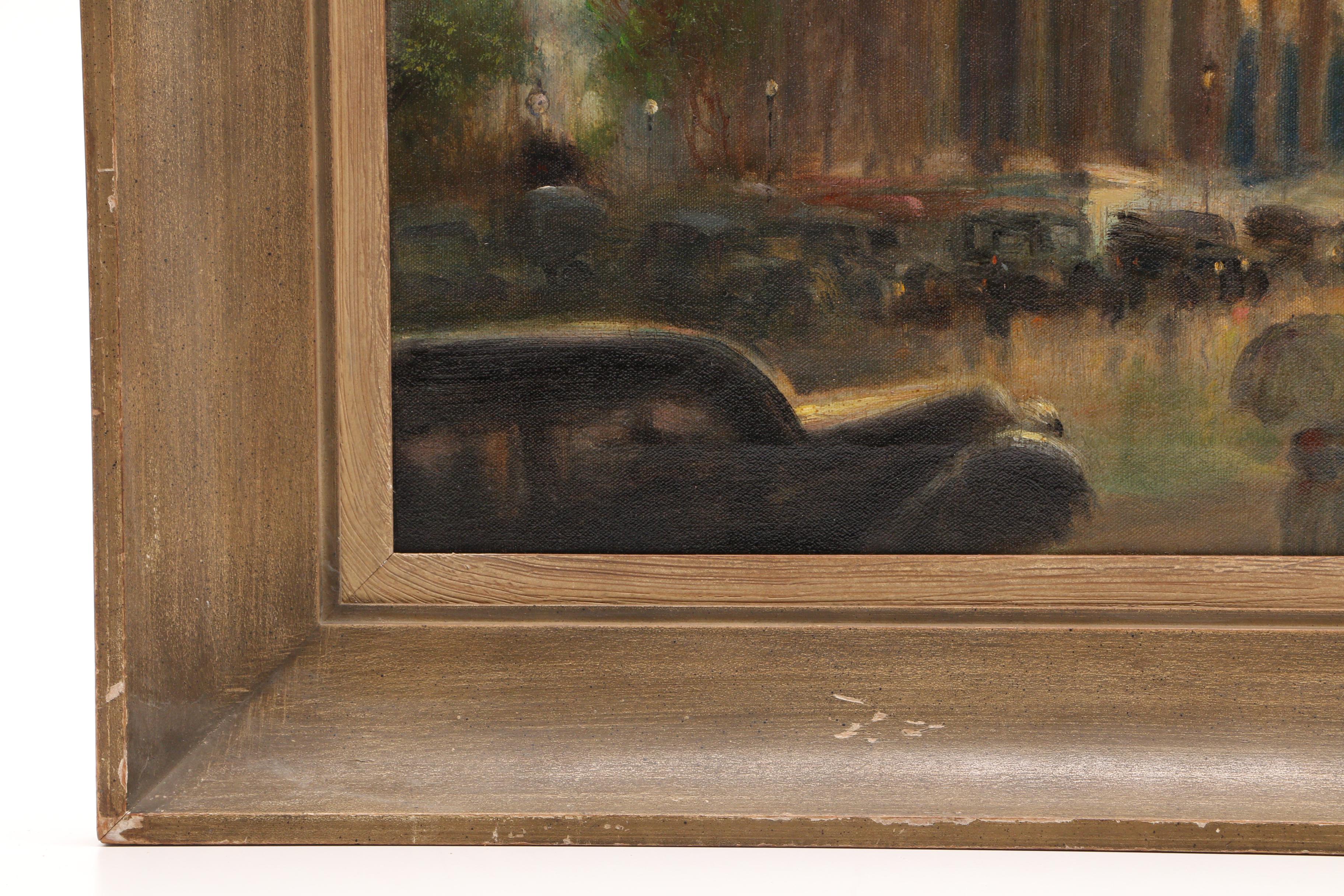 Henry T. Harvey Circa 1940s City Street Scene Oil Painting