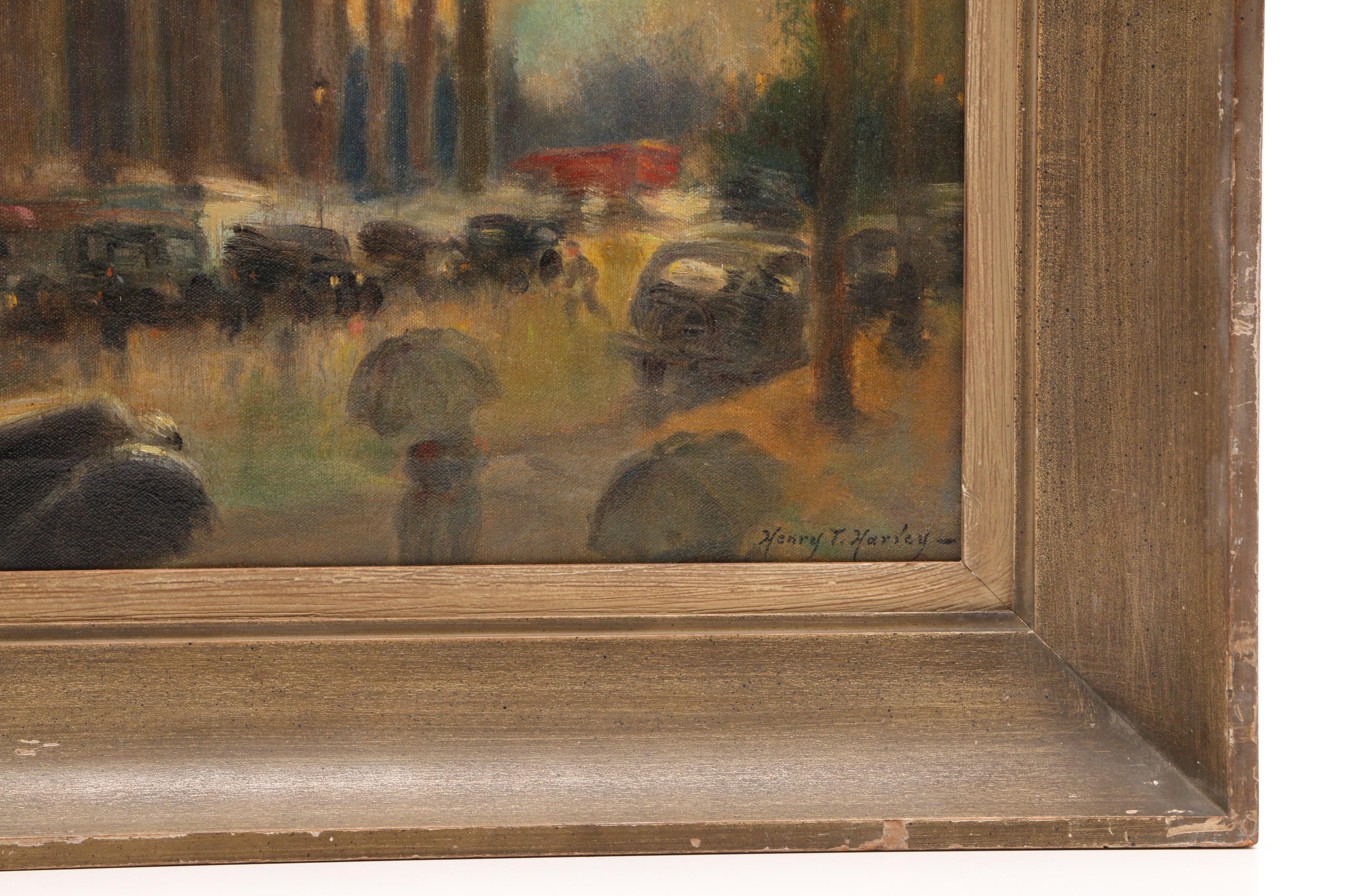 Henry T. Harvey Circa 1940s City Street Scene Oil Painting