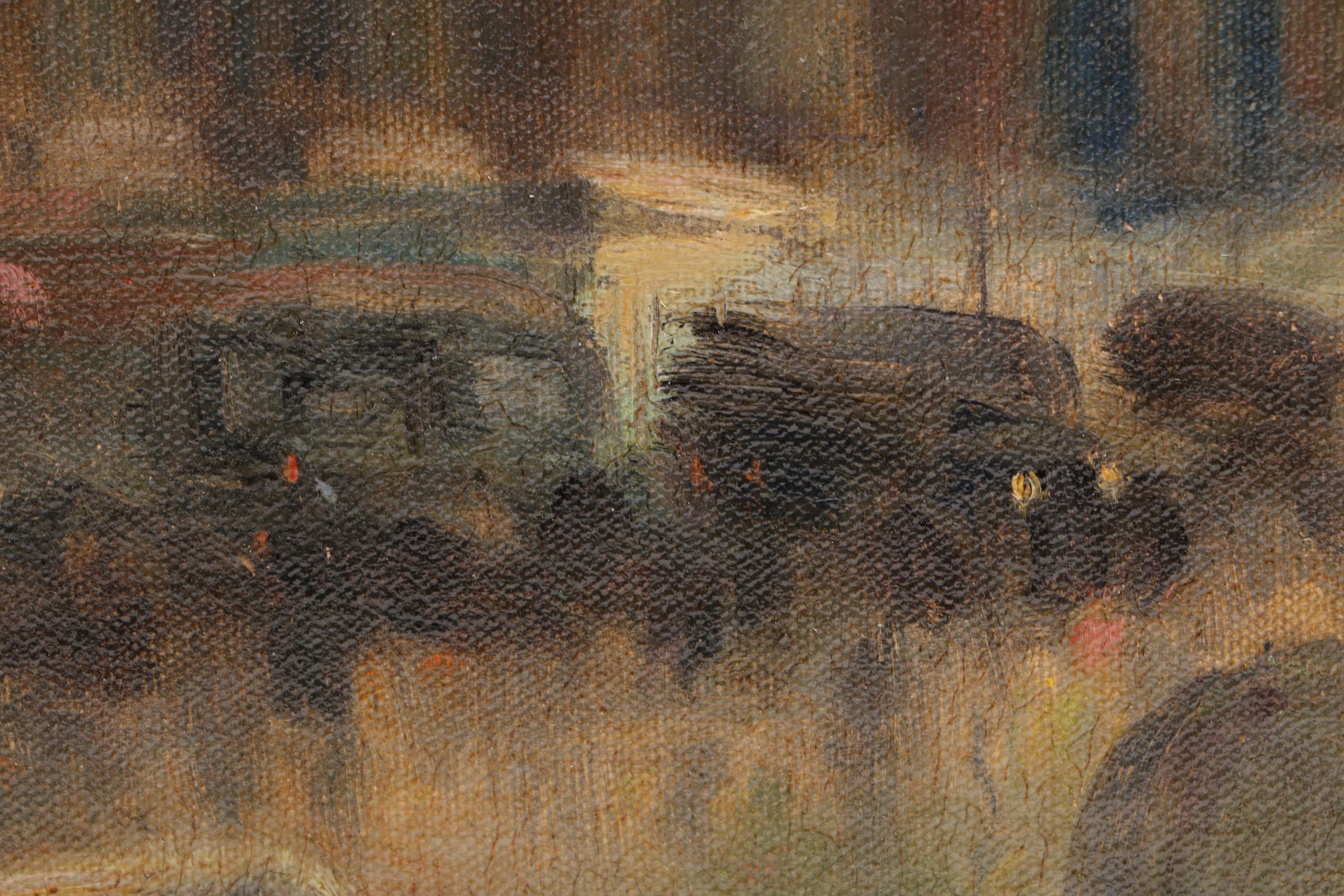 Henry T. Harvey Circa 1940s City Street Scene Oil Painting