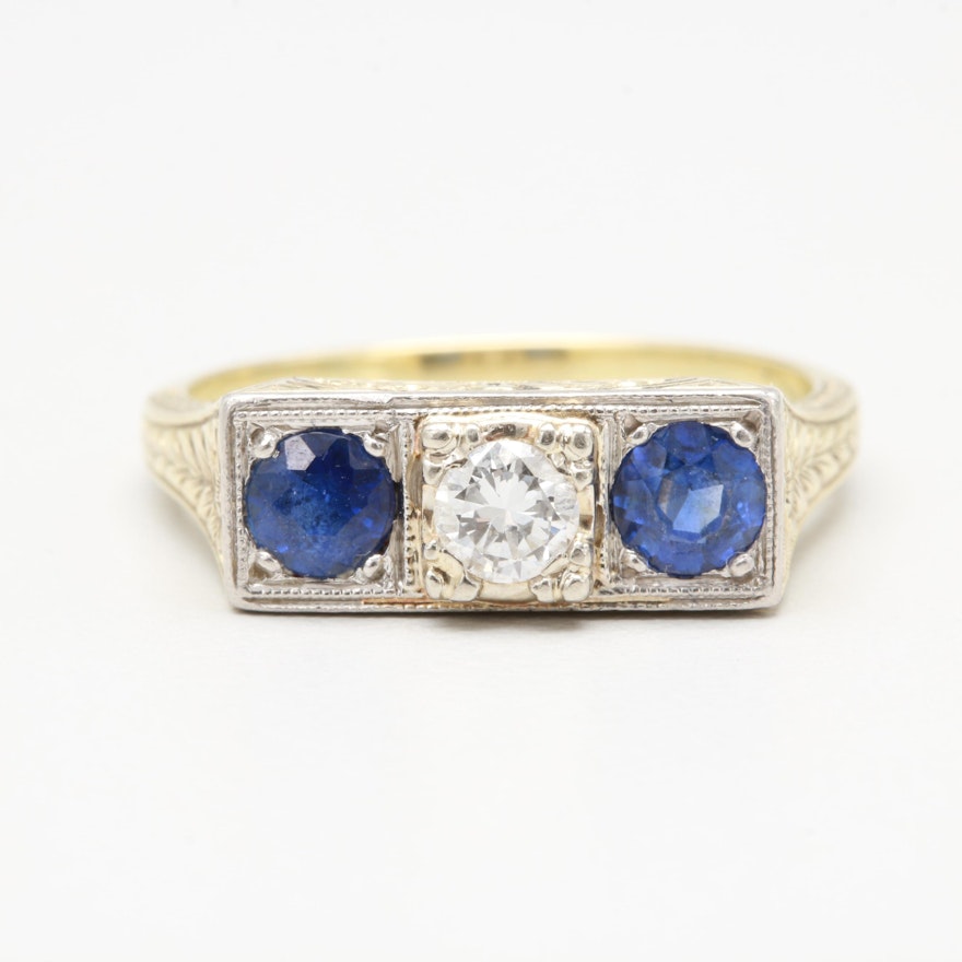 Art Deco 14K Yellow Gold and Platinum Diamond and Synthetic Sapphire Ring