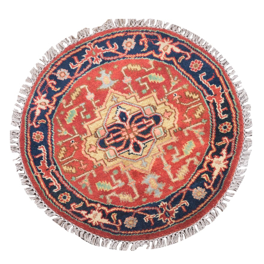 Hand-Knotted Indo-Persian Heriz Wool Round Rug
