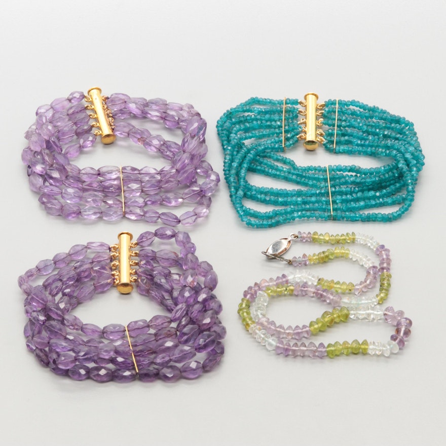 Gold Tone Beaded Necklace and Bracelets with Amethyst and Peridot