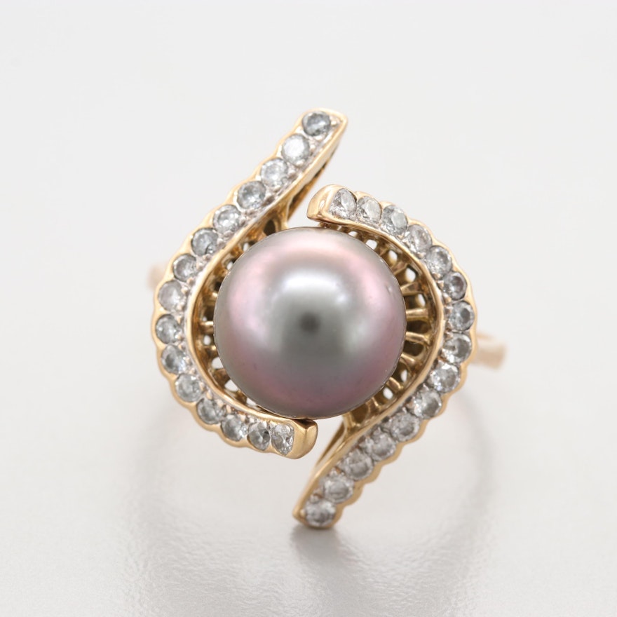 18K Yellow Gold Cultured Pearl and Diamond Ring