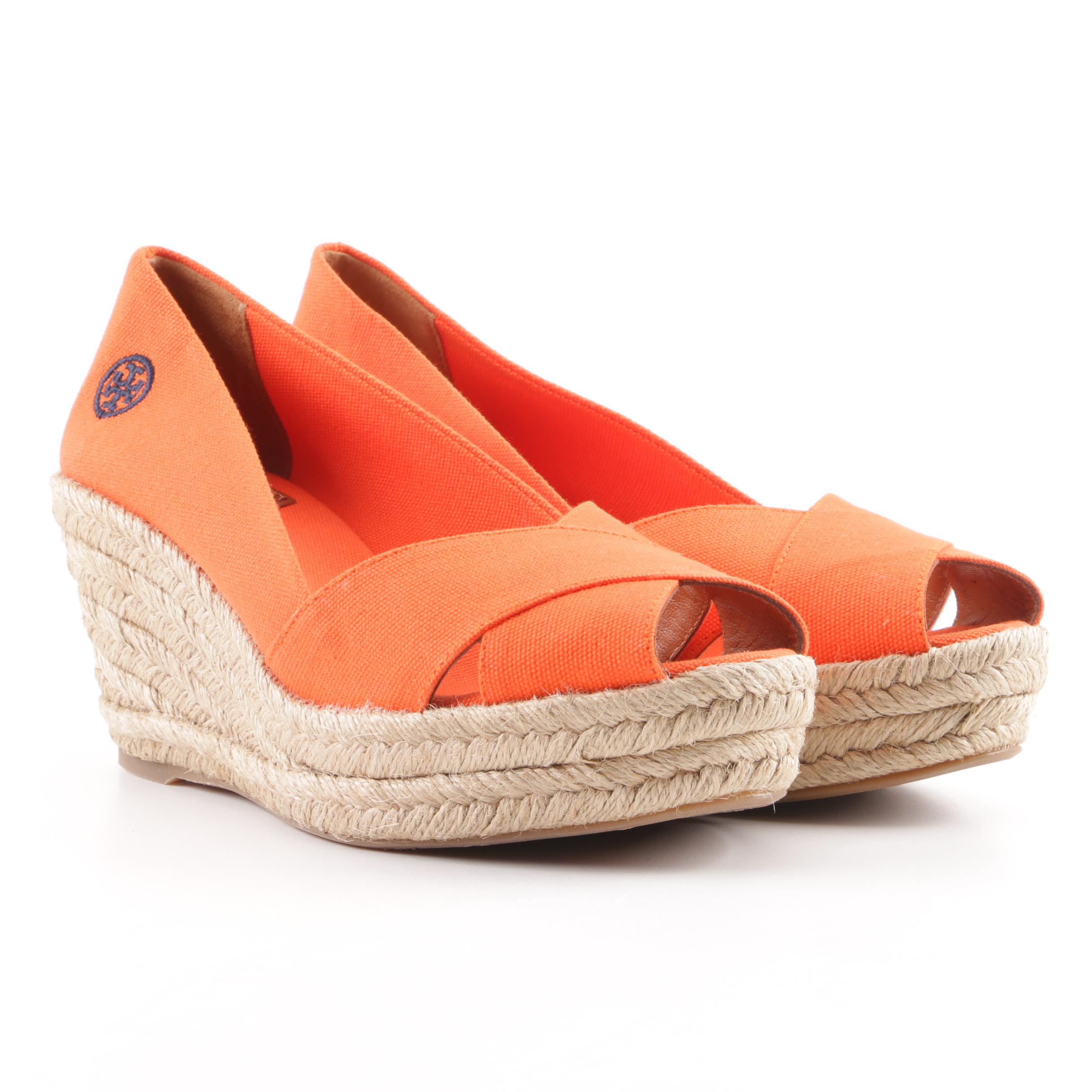 Tory Burch Filipa Orange Canvas Espadrille Wedges