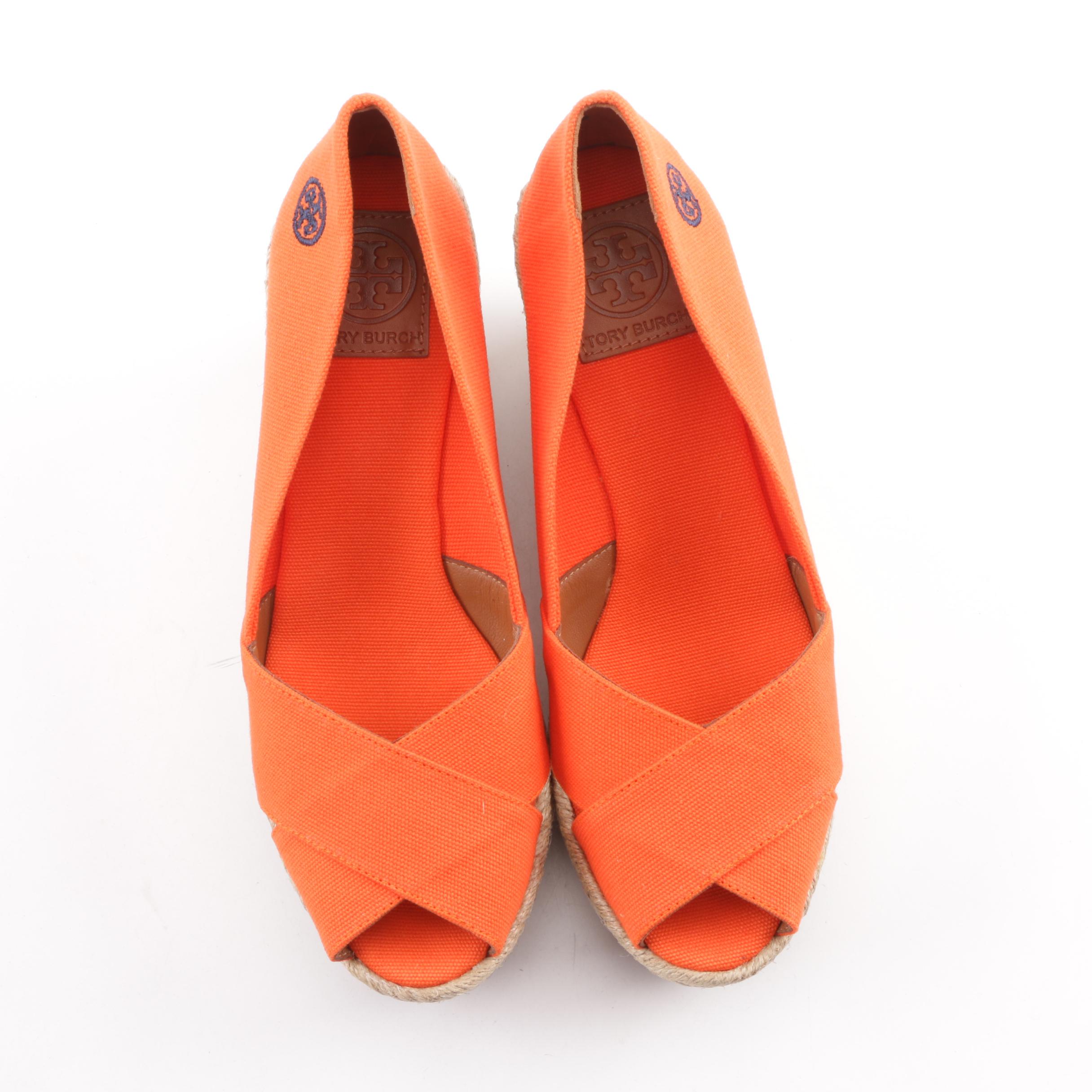 Tory Burch Filipa Orange Canvas Espadrille Wedges