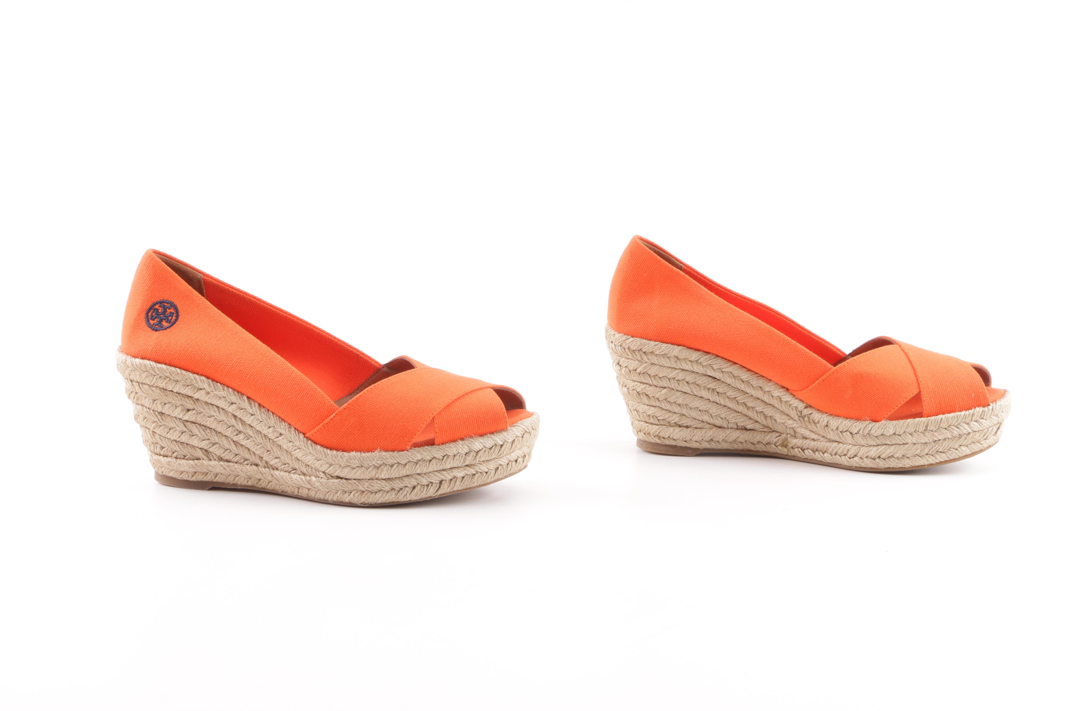 Tory Burch Filipa Orange Canvas Espadrille Wedges