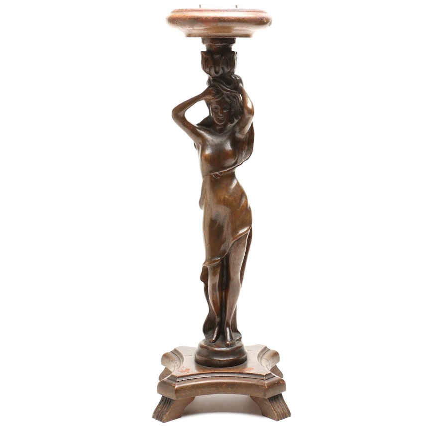 Carved Walnut Figural Candleholder with Waterford Candle Dish