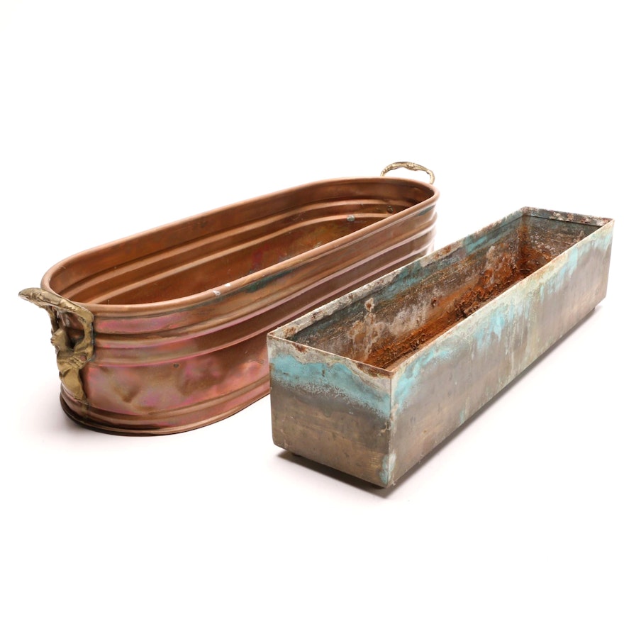 Neoclassical Style Oval Copper and Brass Planter With Original Metal Insert