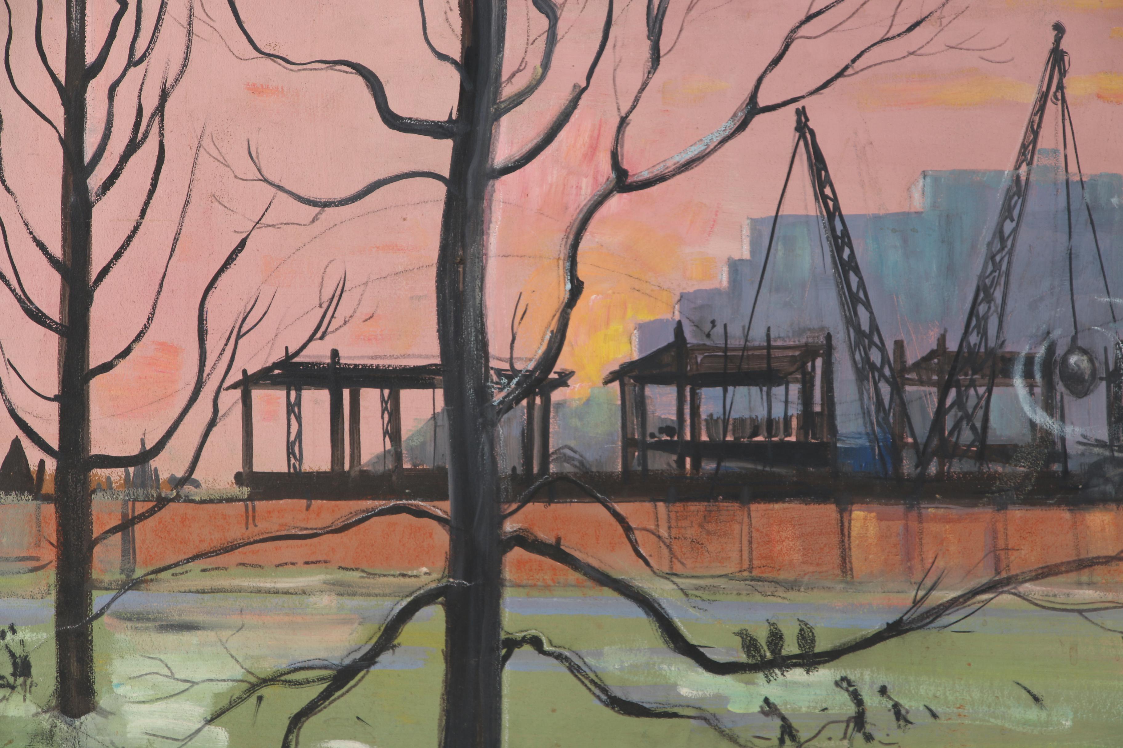 Mary Shaw c. 1966 Mixed Media Painting "The Last Forbes Field"