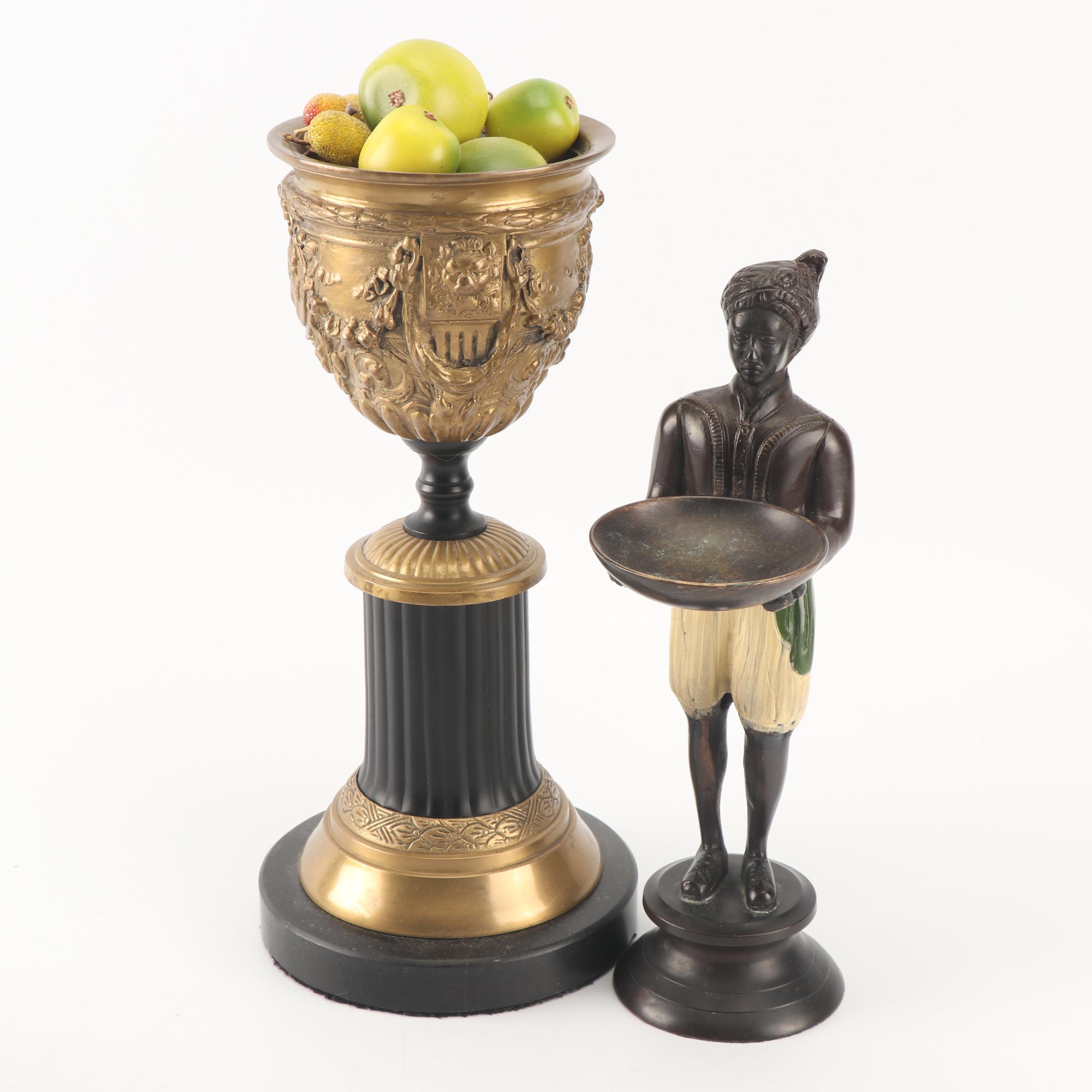 Blackamoor Nubian Figurine with Embossed Brass Vessels and "Lion of Lucerne"