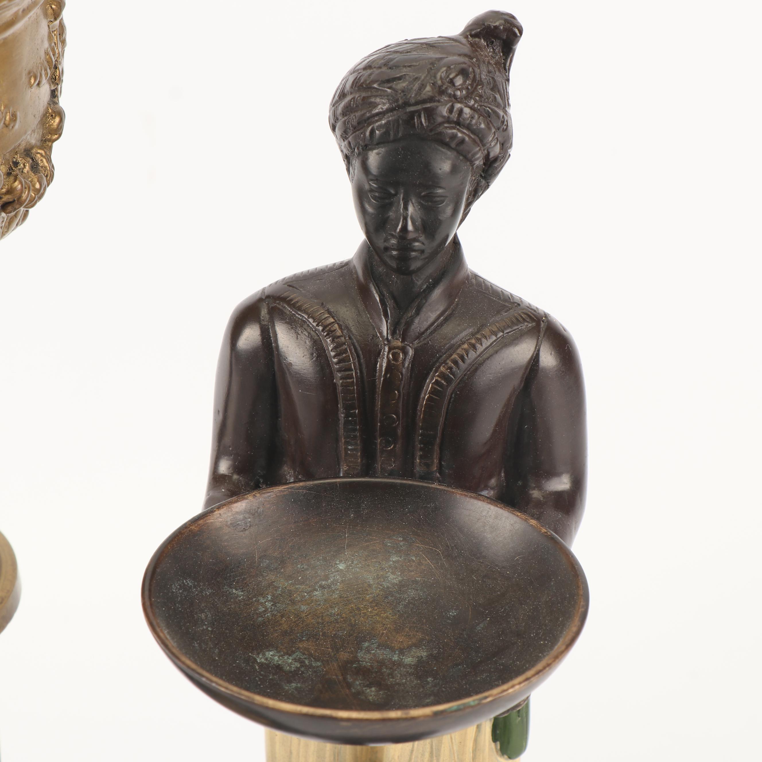 Blackamoor Nubian Figurine with Embossed Brass Vessels and "Lion of Lucerne"