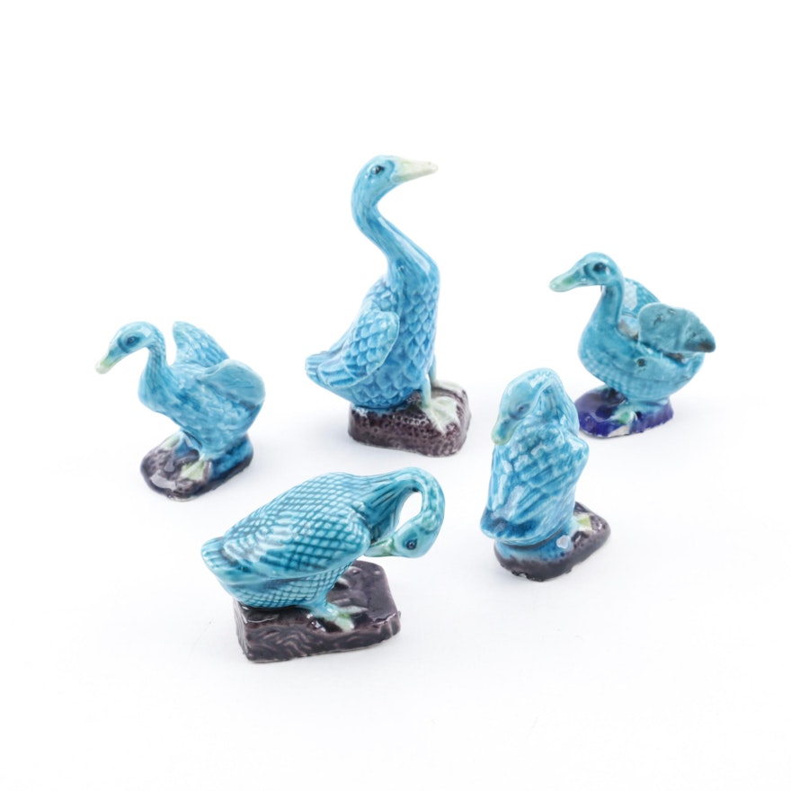 Chinese Export Turquoise Glazed Ceramic Duck Figurines