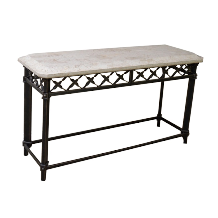 Contemporary Stone Veneer Top Console Table with Wrought Iron Base by Arhaus