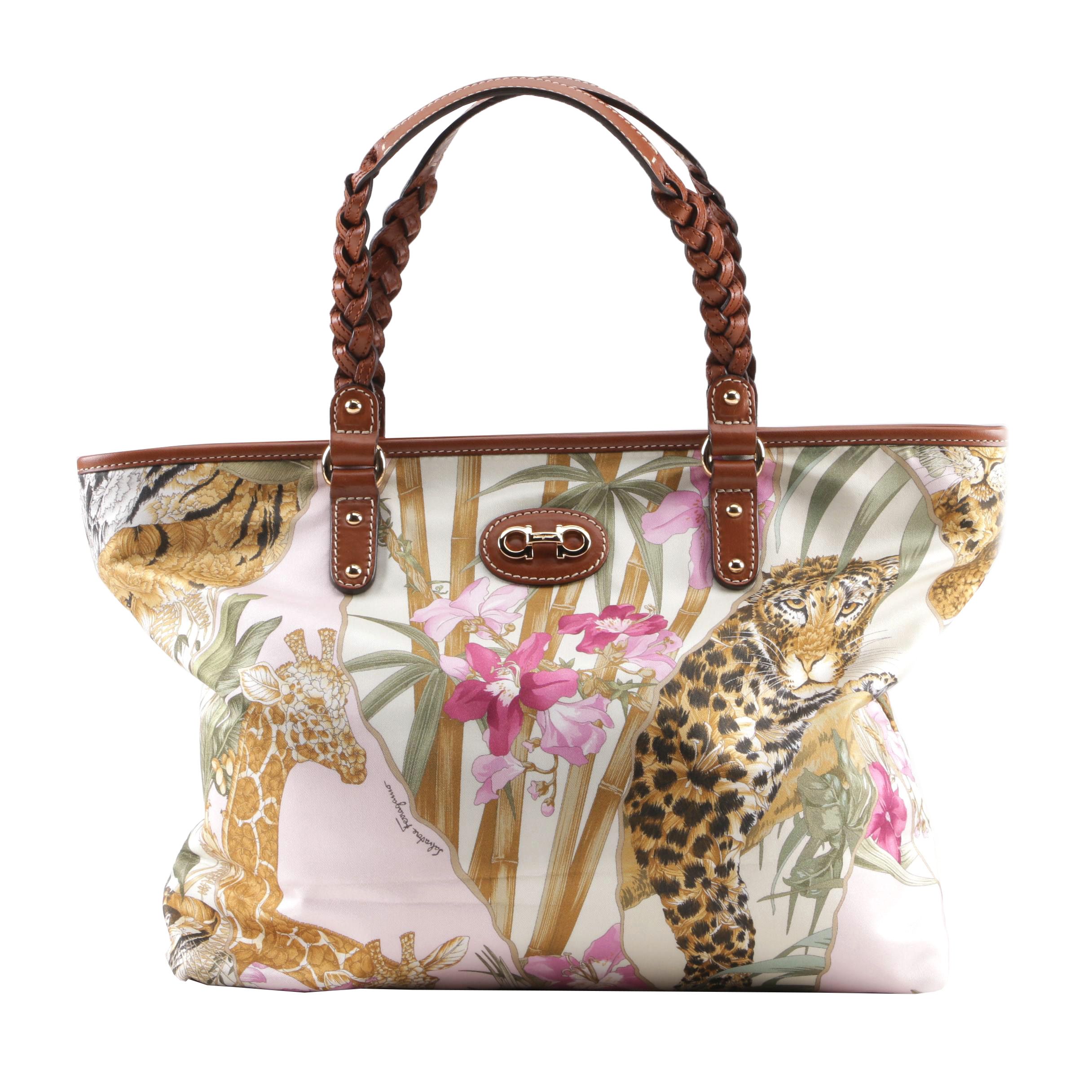 Salvatore Ferragamo Animal and Floral Print Nylon Tote