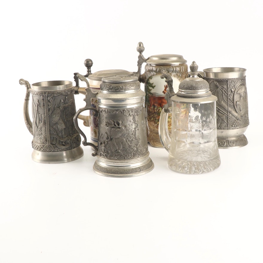 Embossed Pewter Tankards with Other Steins including Gerz and Schrobenhausen