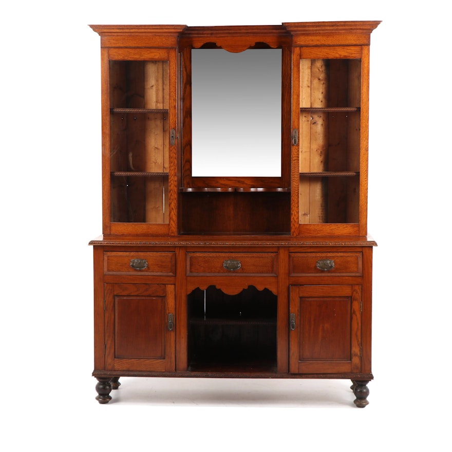 Mixed Hardwood China Cabinet with Center Mirror, Early 20th Century