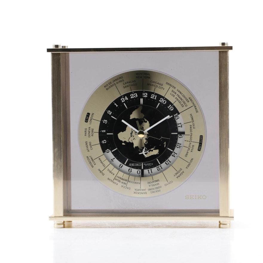 Seiko Brushed Brass Desk Clock with World Time Zones