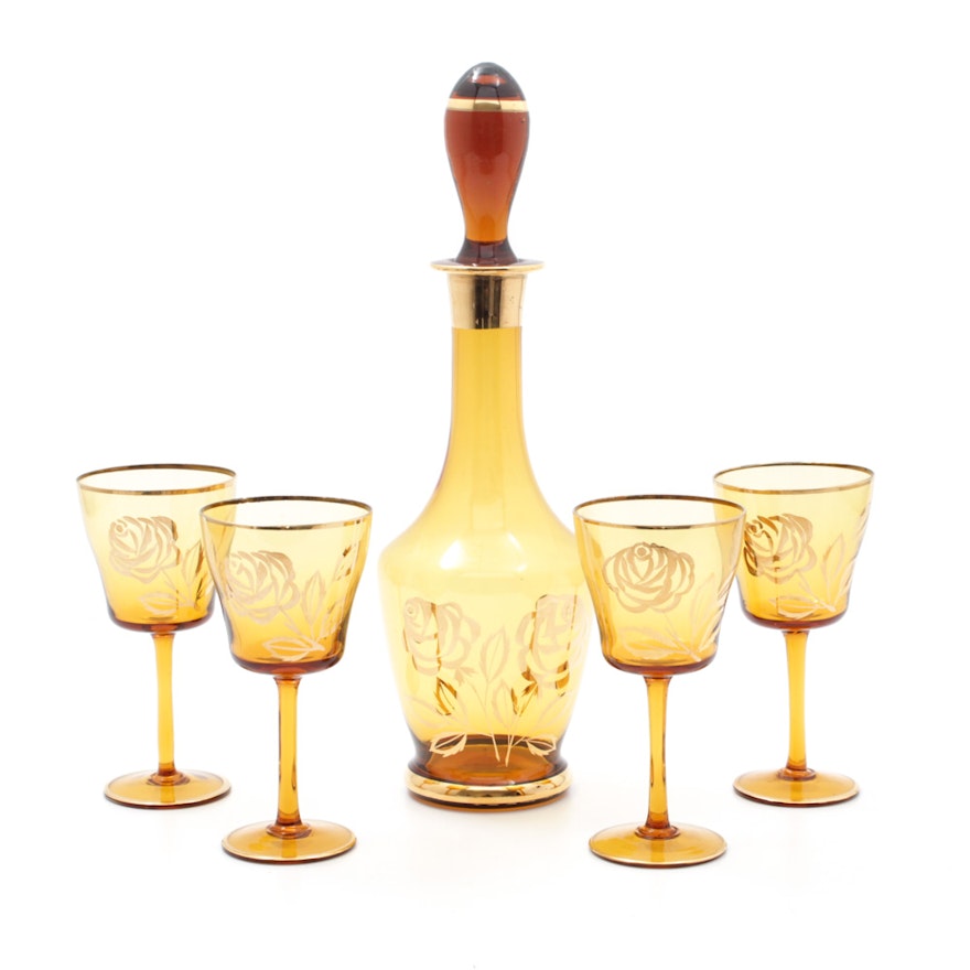 Mid Century Bohemian Amber Glass Decanter and Stemware Set