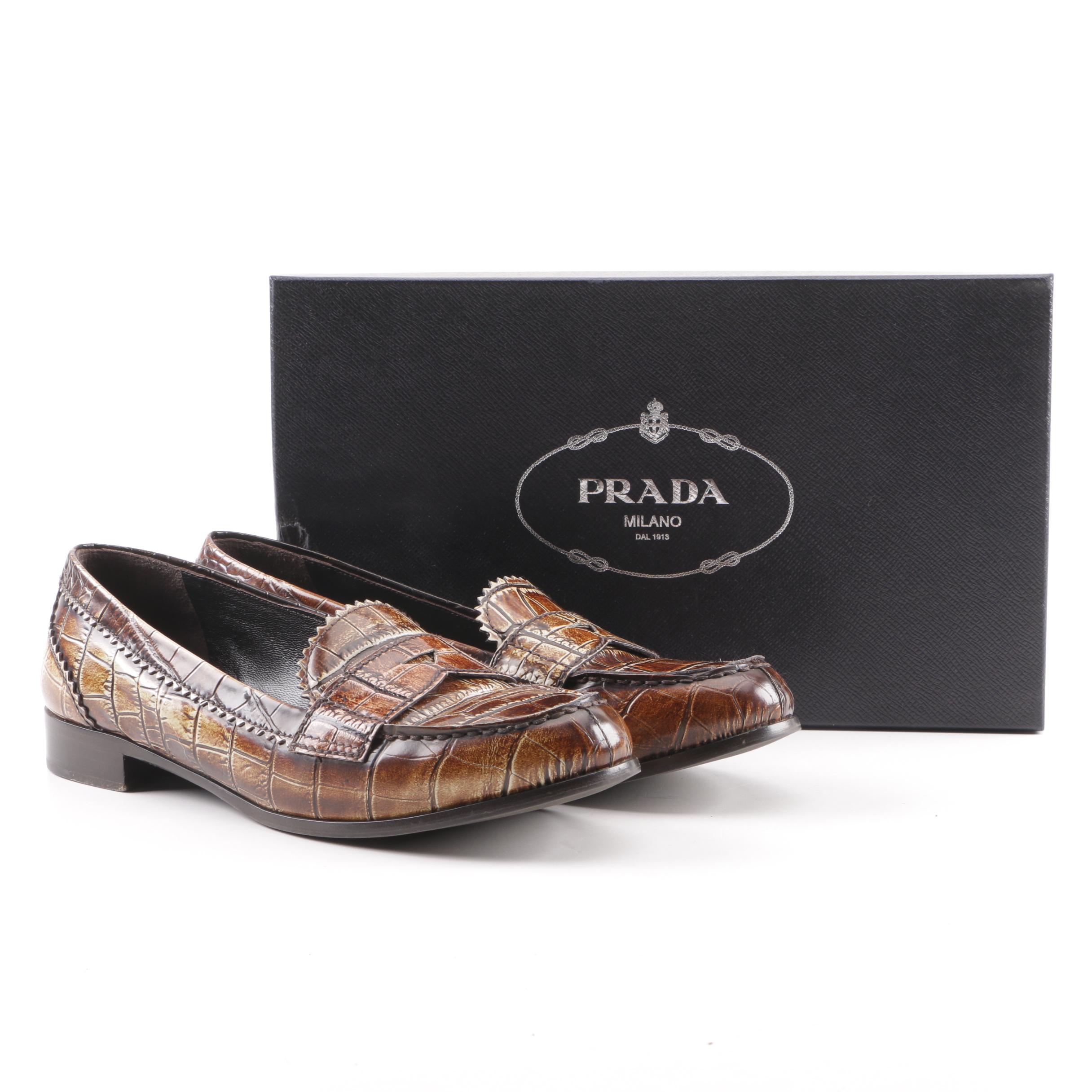 Women's Prada Crocodile Embossed Leather Loafers