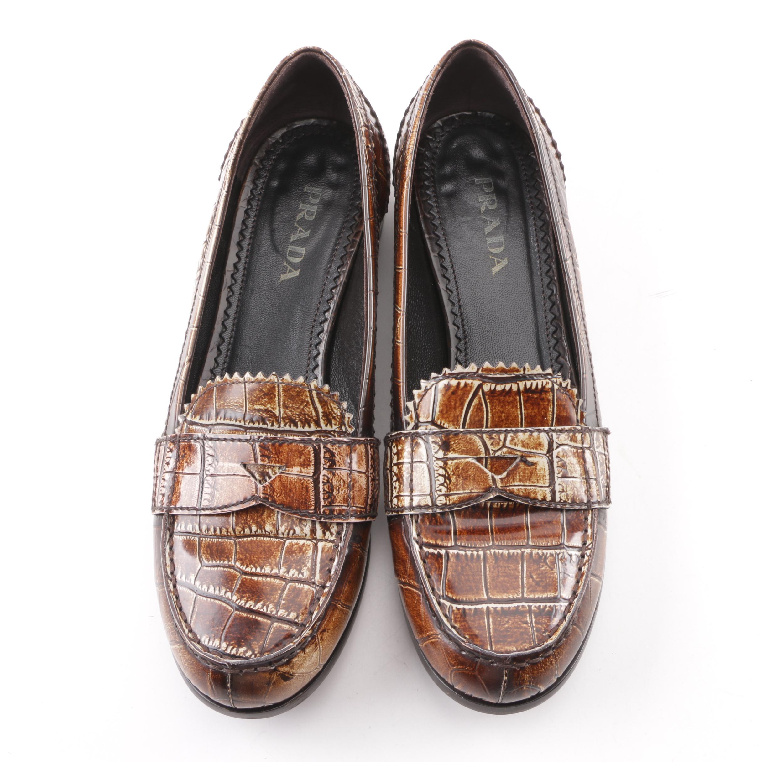 Women's Prada Crocodile Embossed Leather Loafers