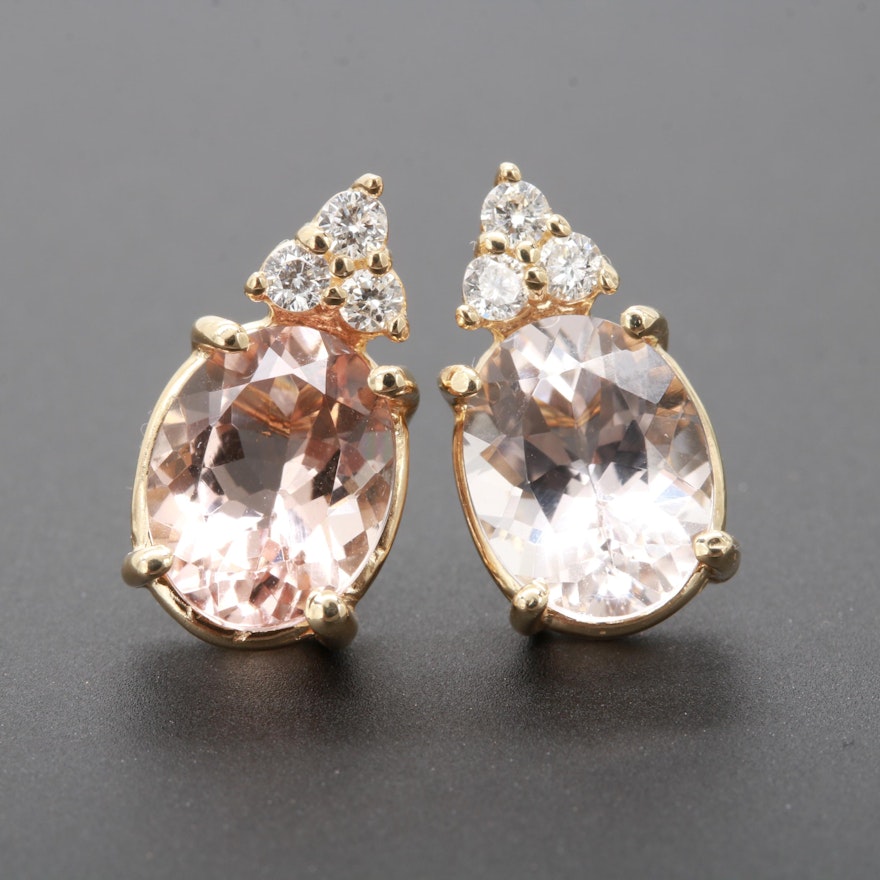 14K Yellow Gold Morganite and Diamond Earrings