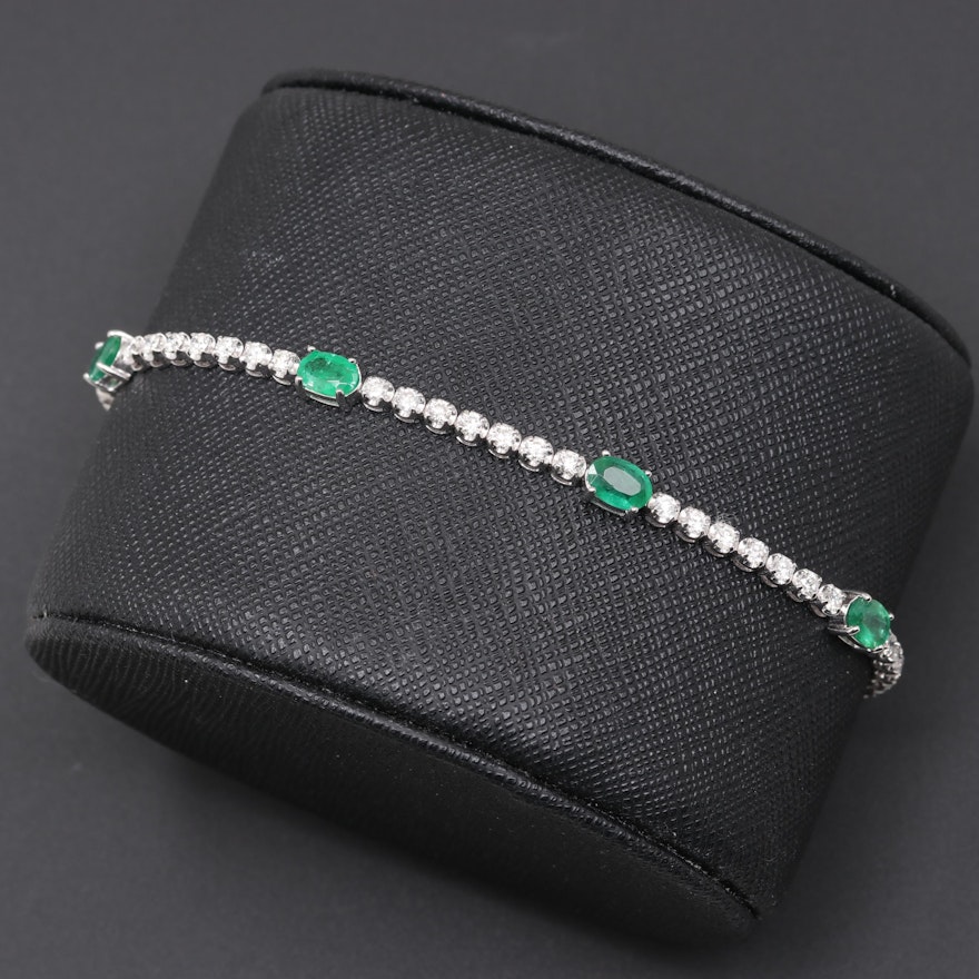 18K White Gold Emerald and 1.65 CTW Diamond Bracelet