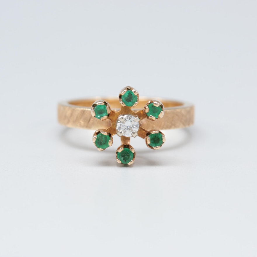 14K Yellow Gold Diamond and Emerald Floral Motif Ring
