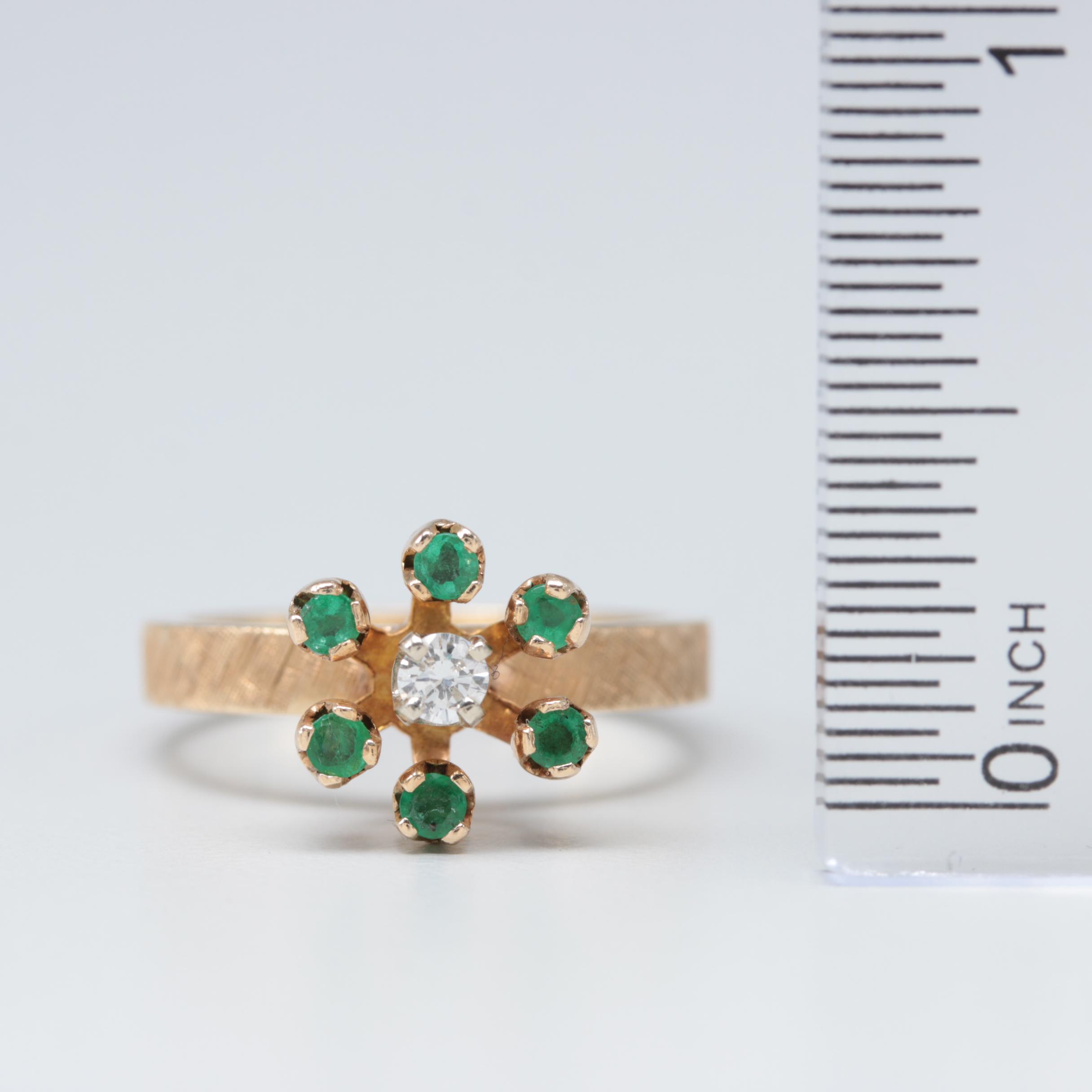 14K Yellow Gold Diamond and Emerald Floral Motif Ring