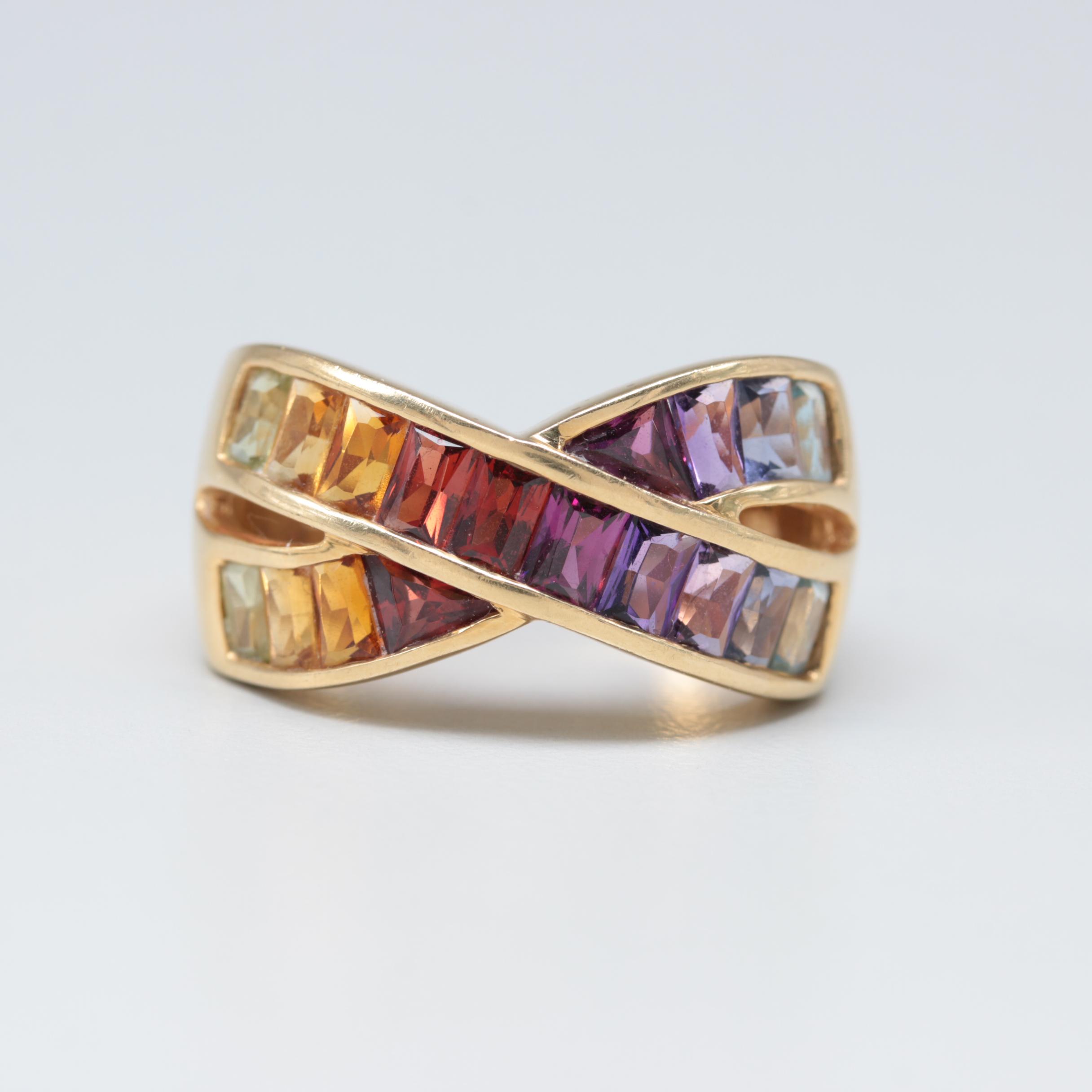 18K Yellow Gold Crisscross Ring with Amethyst and Garnet